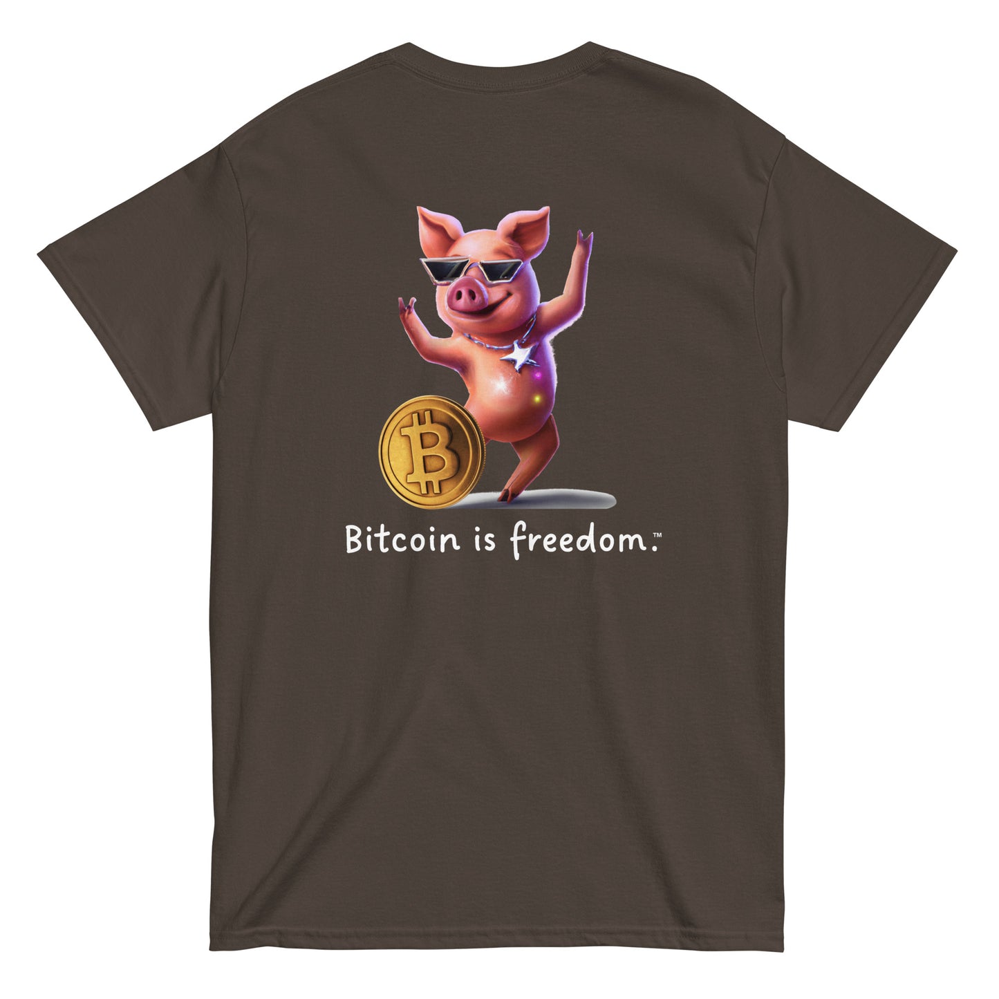 Men's dark chocolate brown color Bitcoin t-shirt with a Happy Pig graphic and the ‘Bitcoin is freedom’ slogan printed on the back side of the shirt.