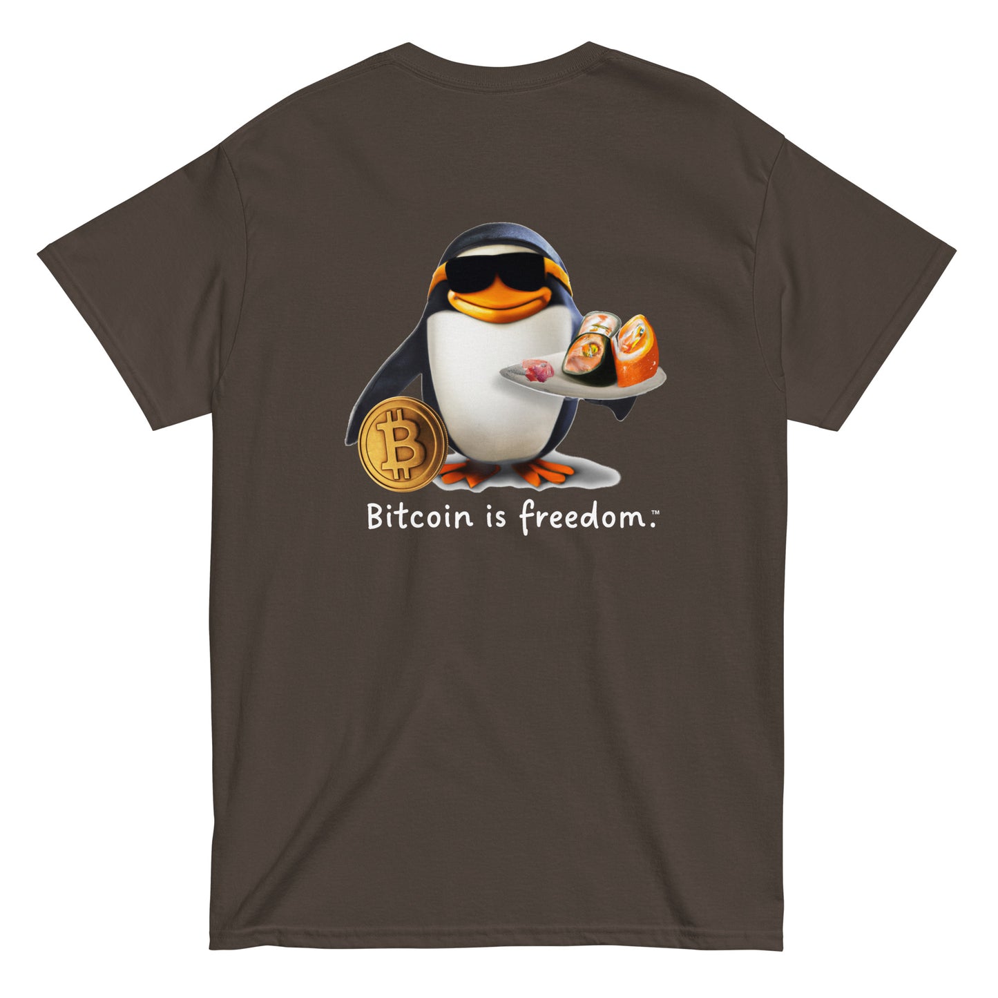 Men's dark chocolate brown color Bitcoin t-shirt with a Happy Penguin graphic and the ‘Bitcoin is freedom’ slogan printed on the back side of the shirt.