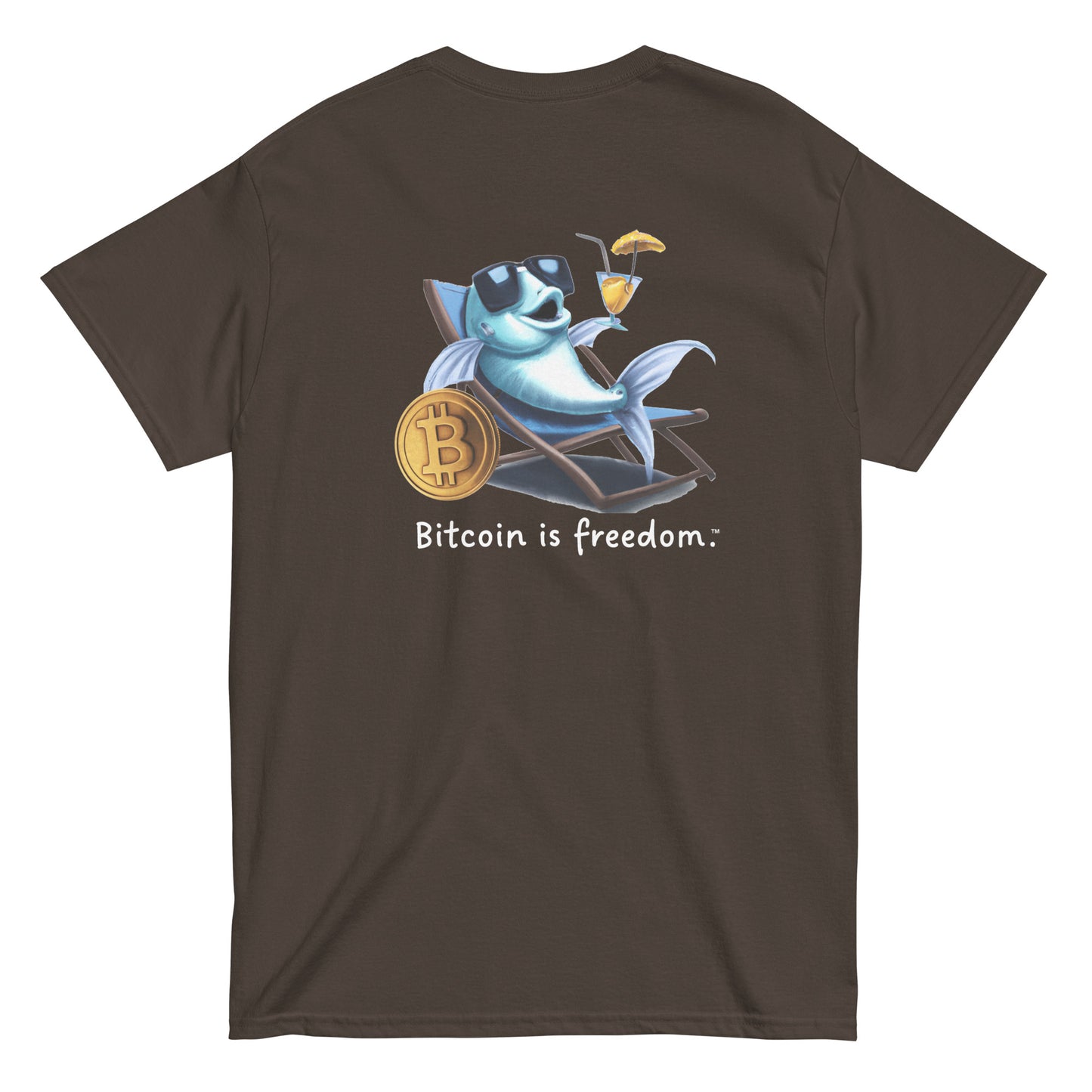 Men's dark chocolate brown color Bitcoin t-shirt with a Happy Fish graphic and the ‘Bitcoin is freedom’ slogan printed on the back side of the shirt.