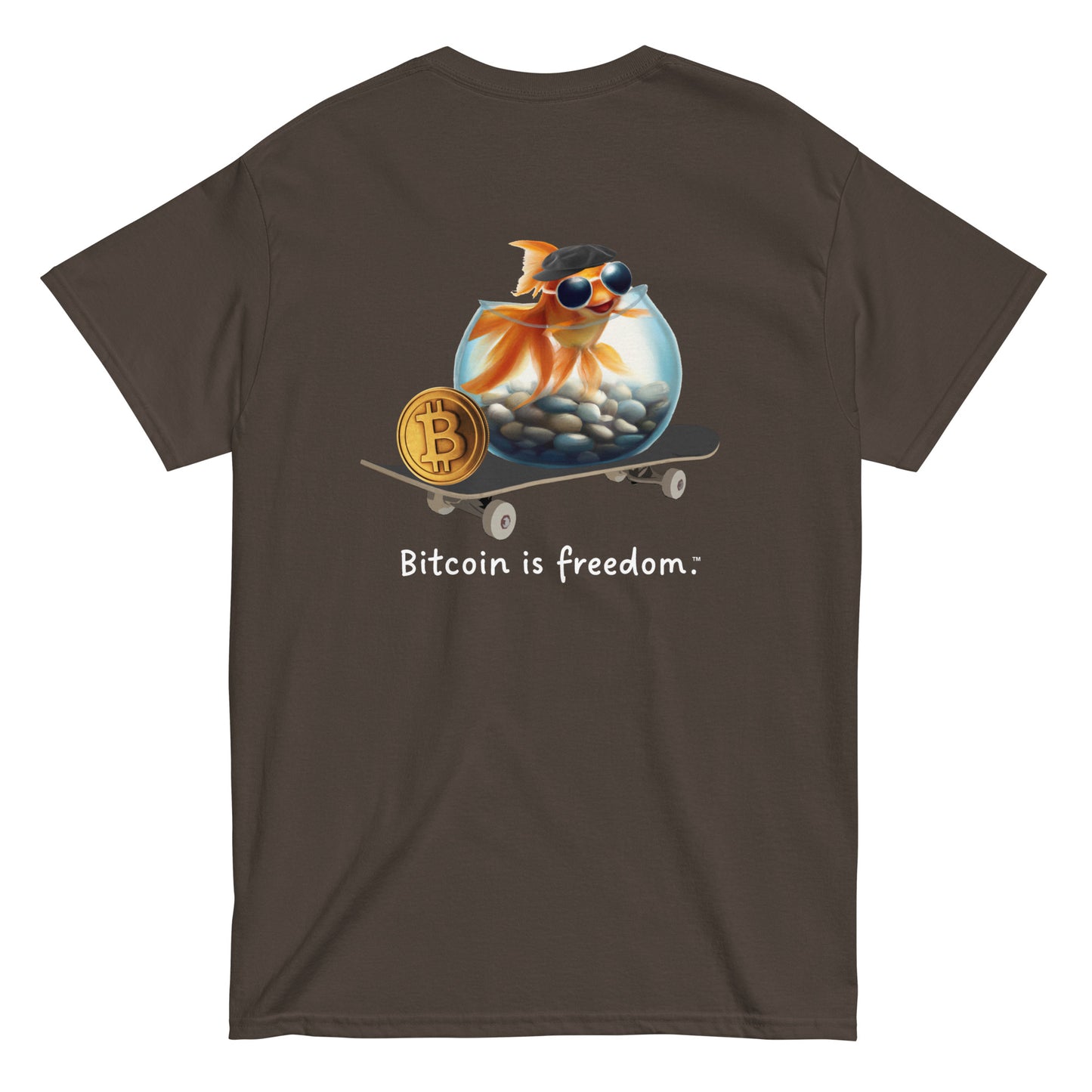 Men's dark chocolate color Bitcoin t-shirt with a Happy Goldfish graphic and the ‘Bitcoin is freedom’ slogan printed on the back side of the shirt.