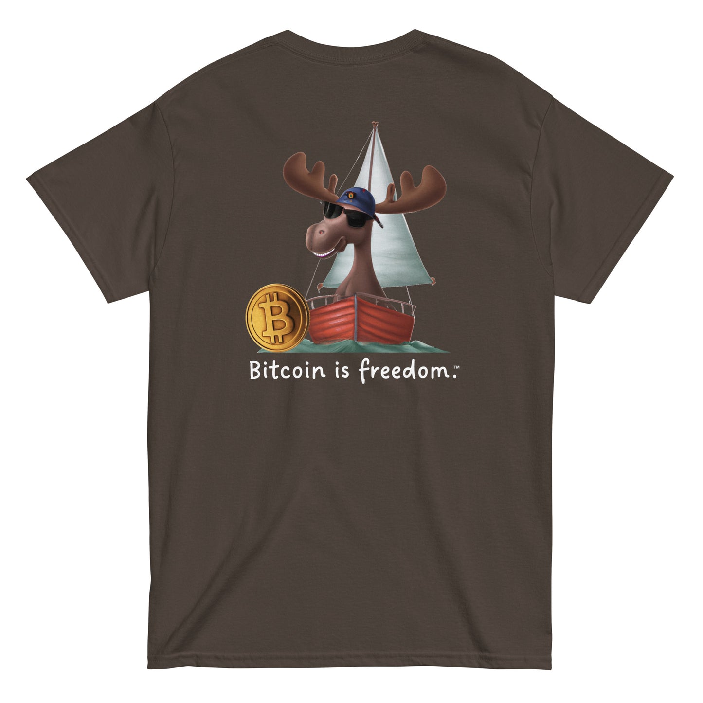 Men's dark chocolate brown color Bitcoin t-shirt with a Happy Moose graphic and the ‘Bitcoin is freedom’ slogan printed on the back side of the shirt.