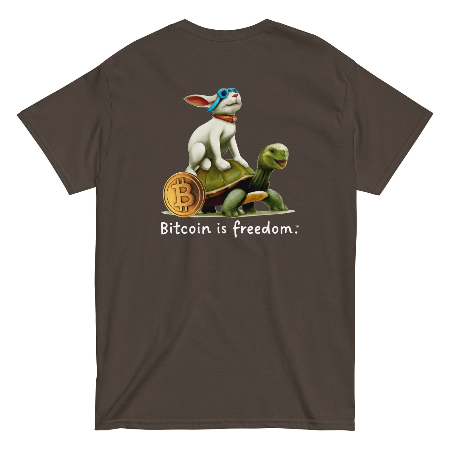Men's dark chocolate brown color Bitcoin t-shirt with a Happy Rabbit graphic and the ‘Bitcoin is freedom’ slogan printed on the back side of the shirt.