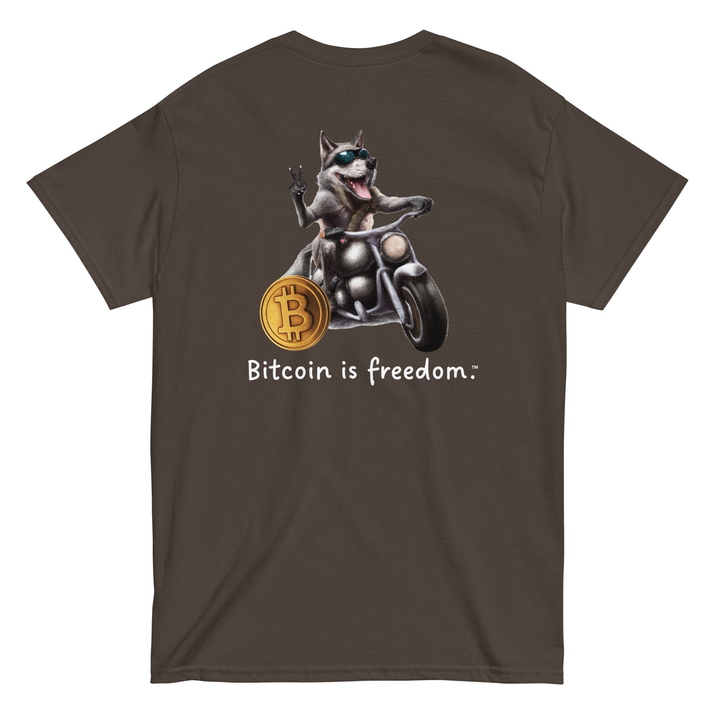 Men's dark chocolate brown color Bitcoin t-shirt with a Happy Wolf graphic and the ‘Bitcoin is freedom’ slogan printed on the back side of the shirt.
