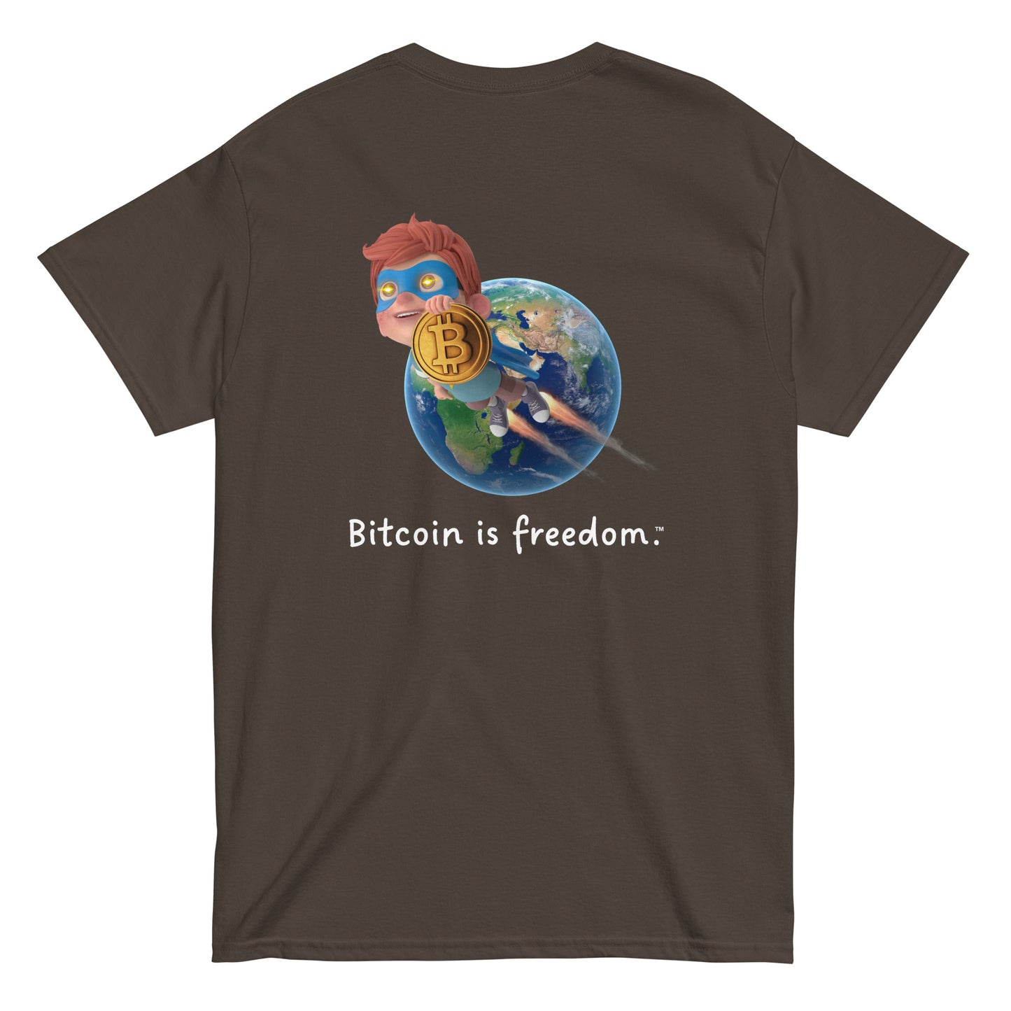 Men's Classic "Bitcoin is freedom" Cotton T-Shirt with Bitcoin Boy Flying Over Earth Graphic (Print on Back)