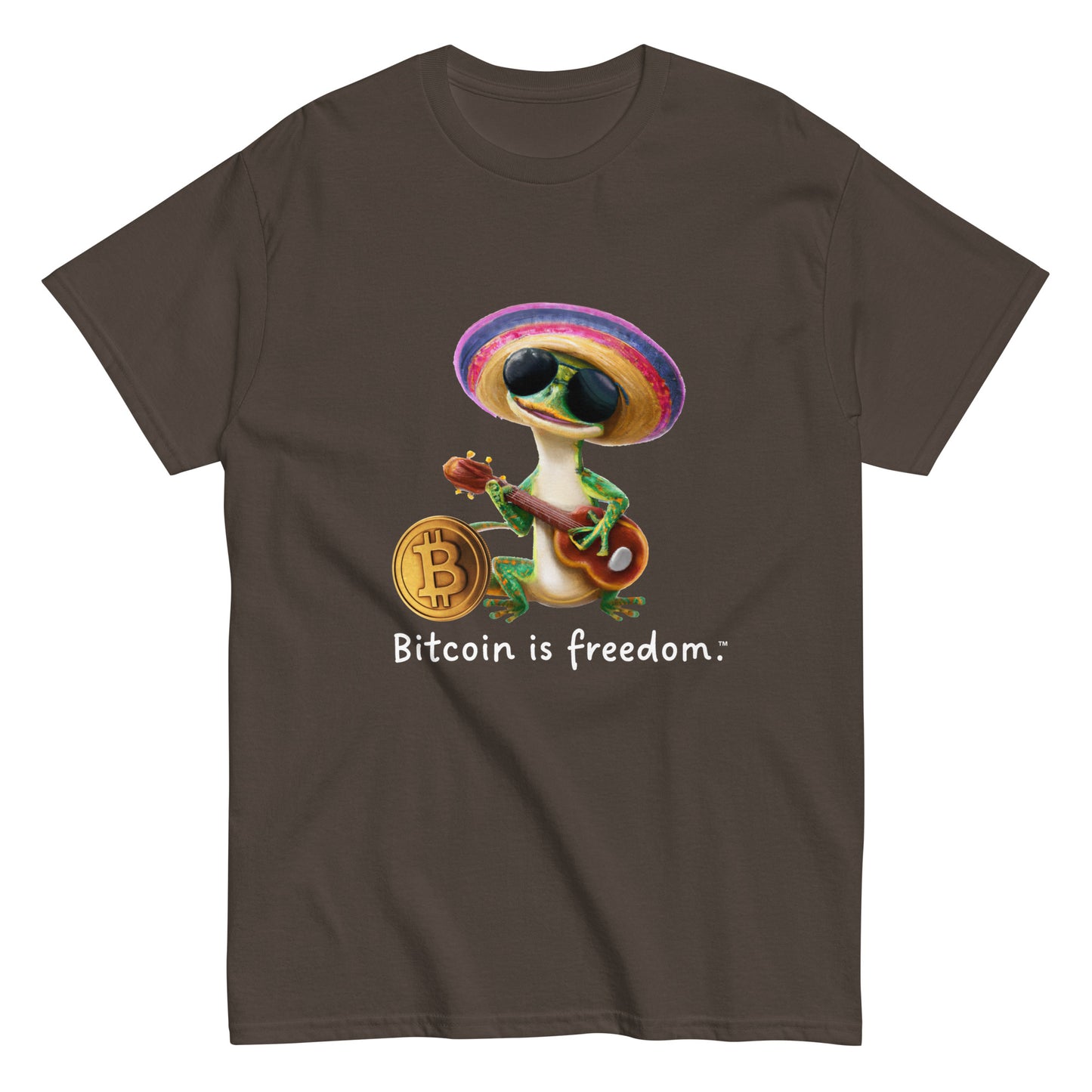 Men's dark chocolate brown color Bitcoin t-shirt with a Happy Gecko graphic and the ‘Bitcoin is freedom’ slogan printed on the front side of the shirt.