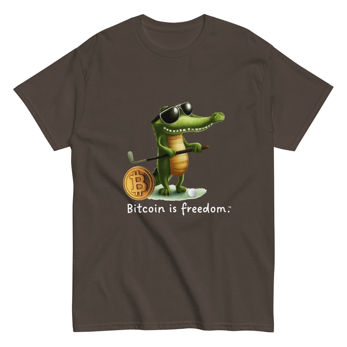 Men's dark chocolate color Bitcoin t-shirt with a Happy Alligator graphic and the ‘Bitcoin is freedom’ slogan printed on the front side of the shirt.