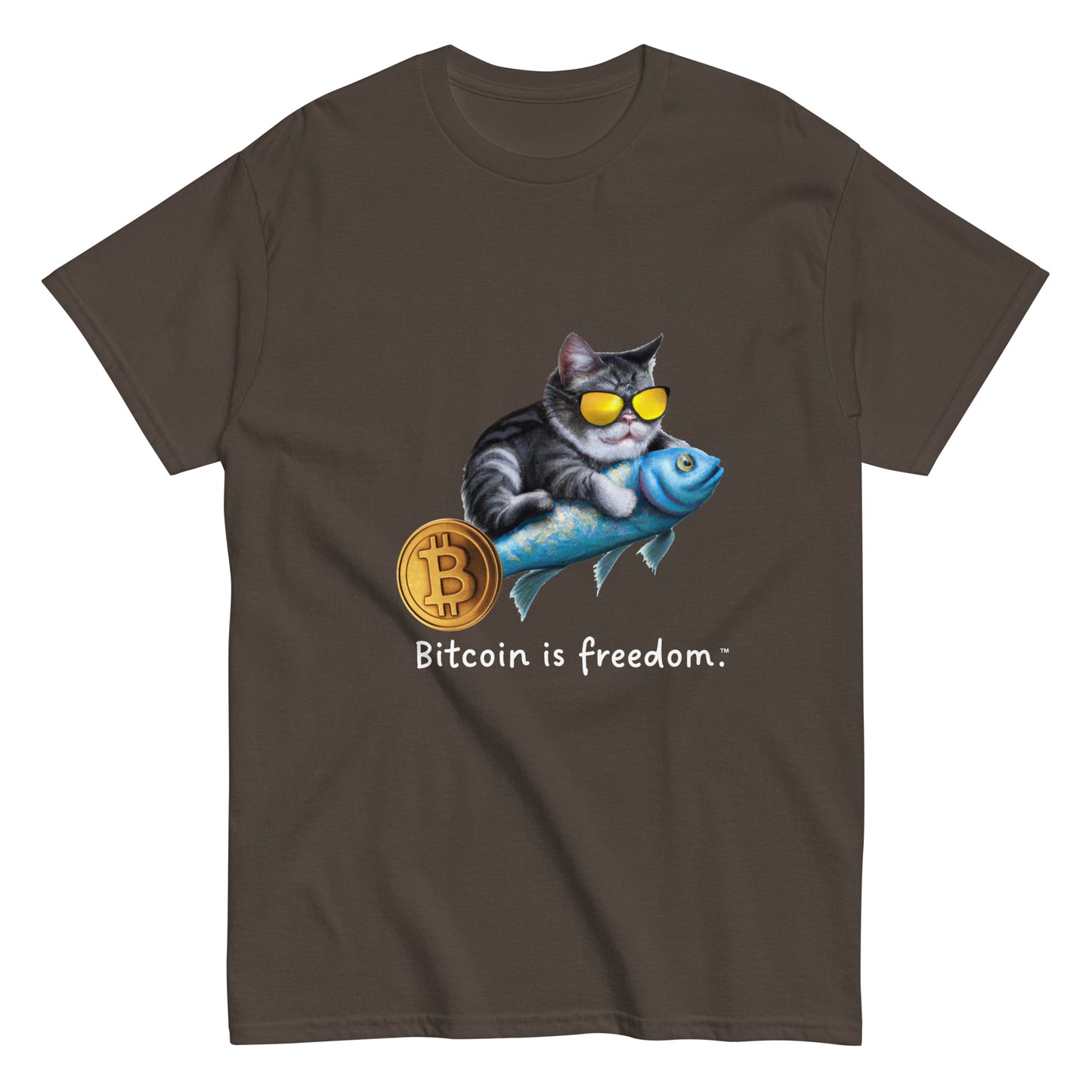 Men's dark chocolate color Bitcoin t-shirt with a Happy Cat graphic and the ‘Bitcoin is freedom’ slogan printed on the front side of the shirt.