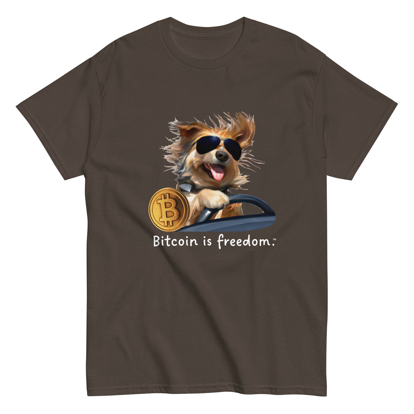 Men's dark chocolate brown color Bitcoin t-shirt with a Happy Dog Driving graphic and the ‘Bitcoin is freedom’ slogan printed on the front side of the shirt.
