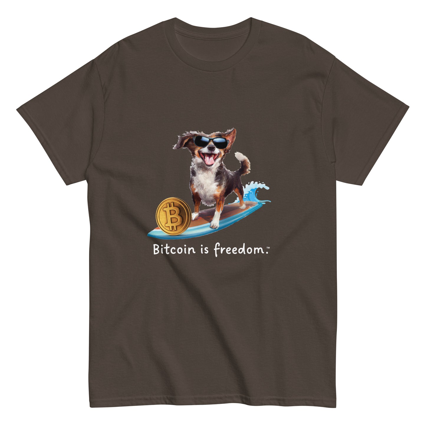 Men's dark chocolate brown color Bitcoin t-shirt with a Happy Dog Surfing graphic and the ‘Bitcoin is freedom’ slogan printed on the front side of the shirt.