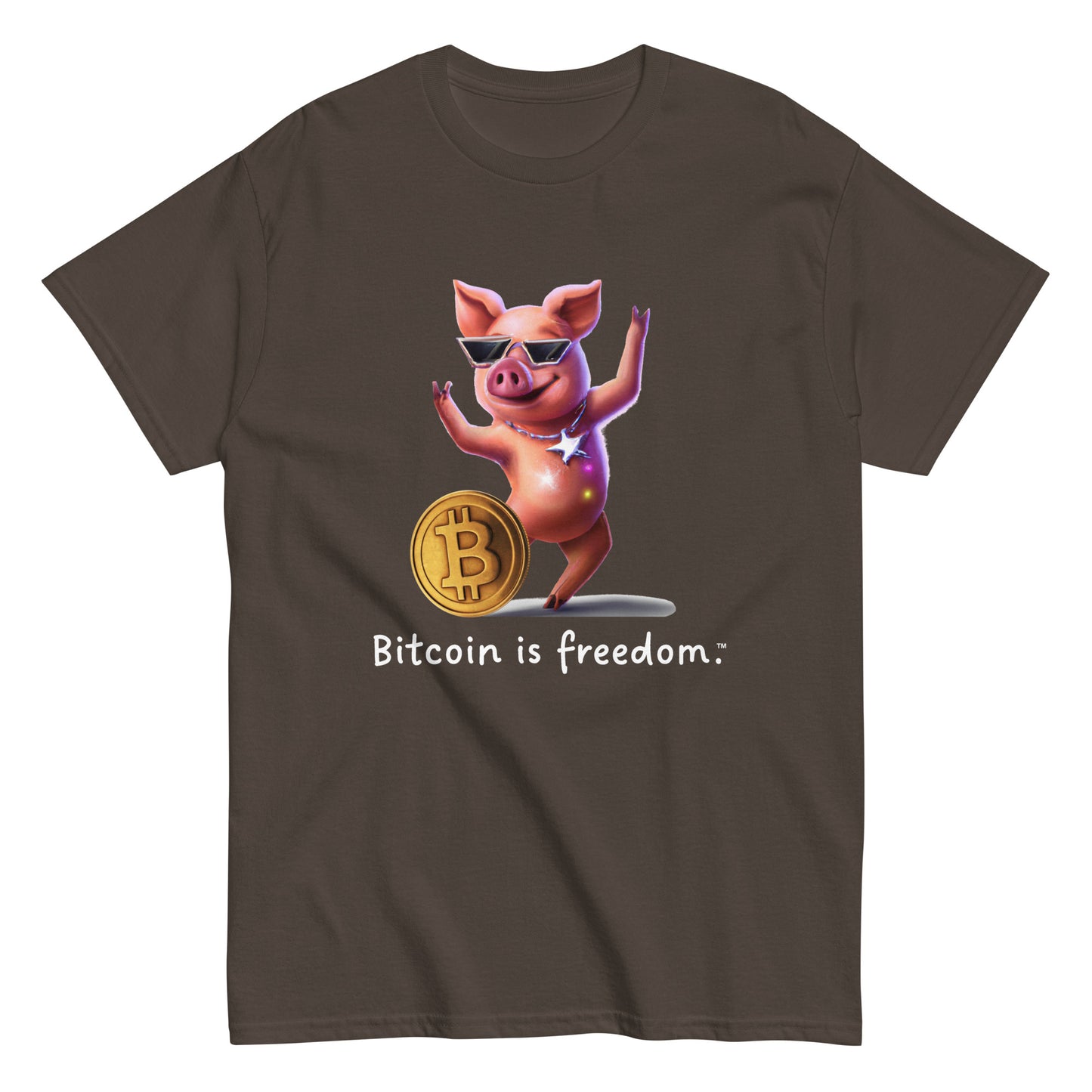 Men's dark chocolate brown color Bitcoin t-shirt with a Happy Pig graphic and the ‘Bitcoin is freedom’ slogan printed on the front side of the shirt.