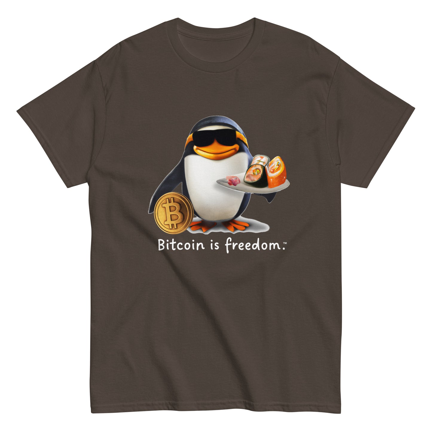 Men's dark chocolate brown color Bitcoin t-shirt with a Happy Penguin graphic and the ‘Bitcoin is freedom’ slogan printed on the front side of the shirt.
