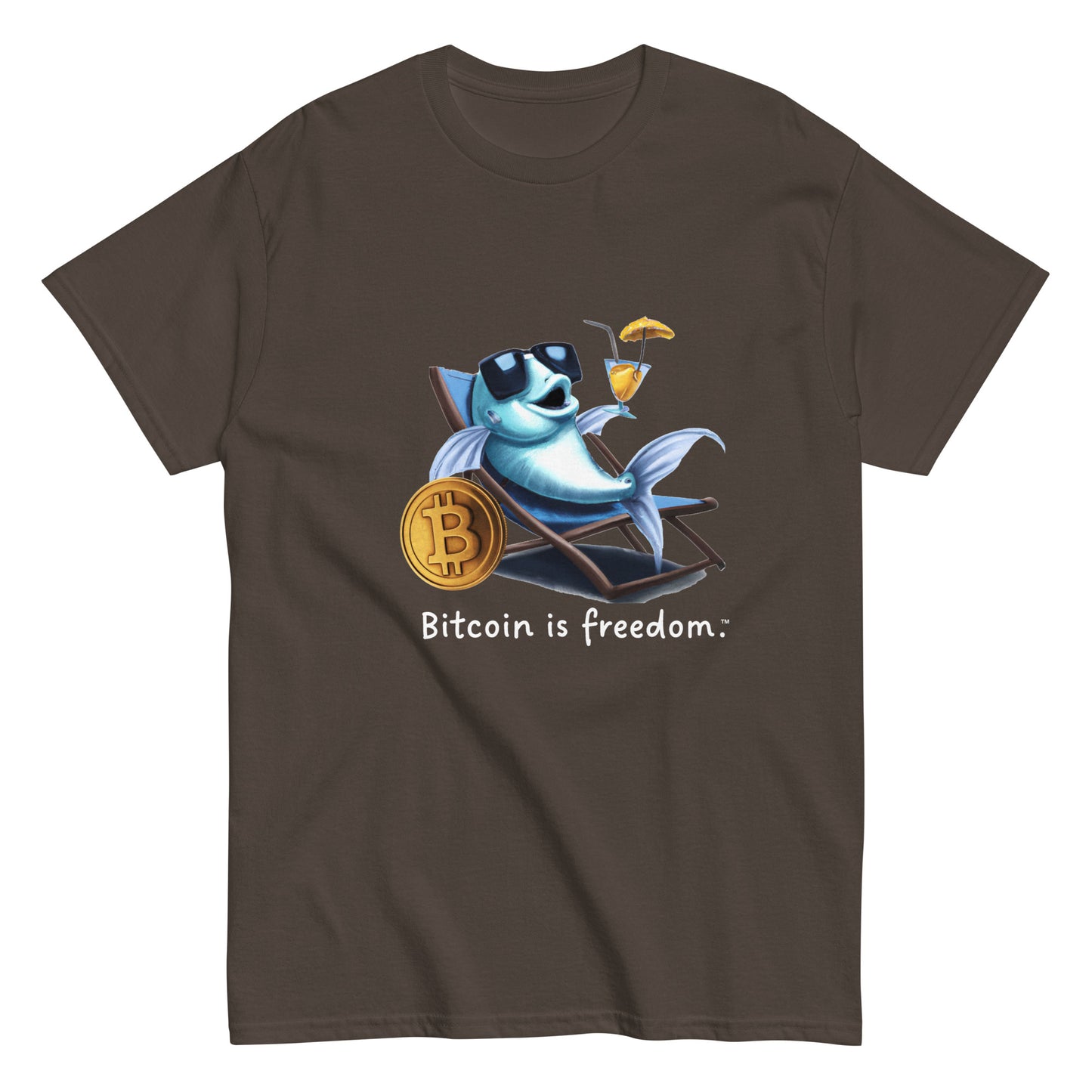 Men's dark chocolate brown color Bitcoin t-shirt with a Happy Fish graphic and the ‘Bitcoin is freedom’ slogan printed on the front side of the shirt.