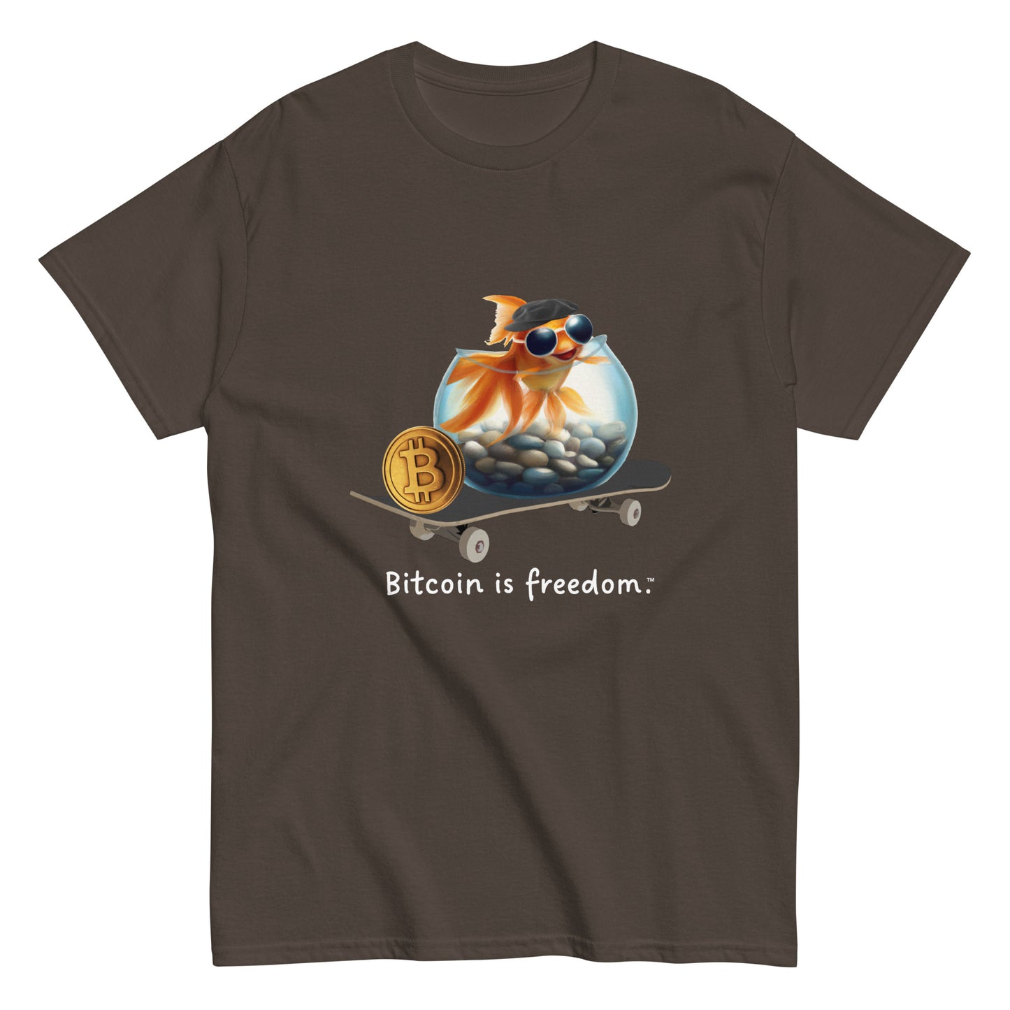 Men's dark chocolate color Bitcoin t-shirt with a Happy Goldfish graphic and the ‘Bitcoin is freedom’ slogan printed on the front side of the shirt.