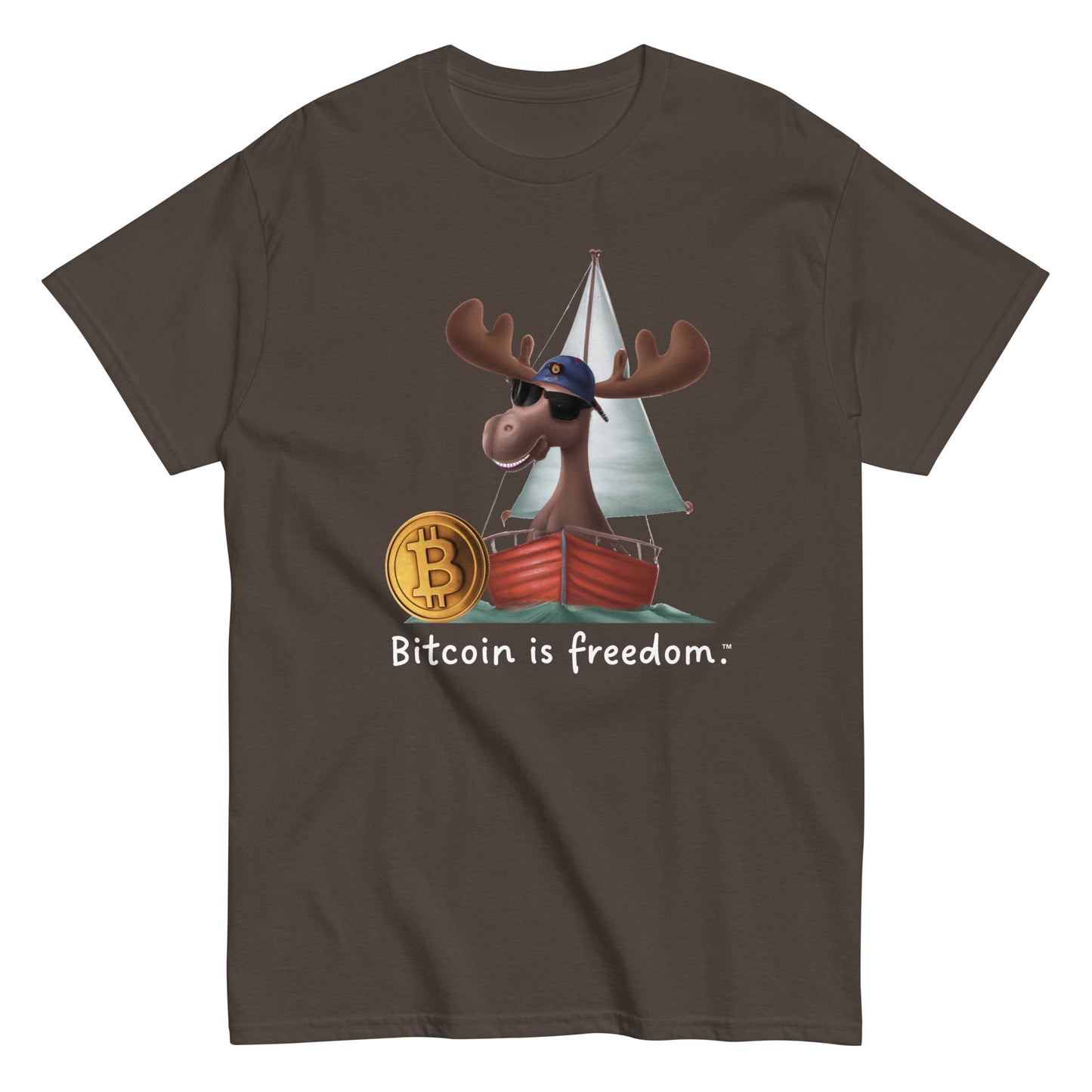 Men's Classic "Bitcoin is freedom" Cotton T-Shirt with Happy Moose Graphic (Print on Front)
