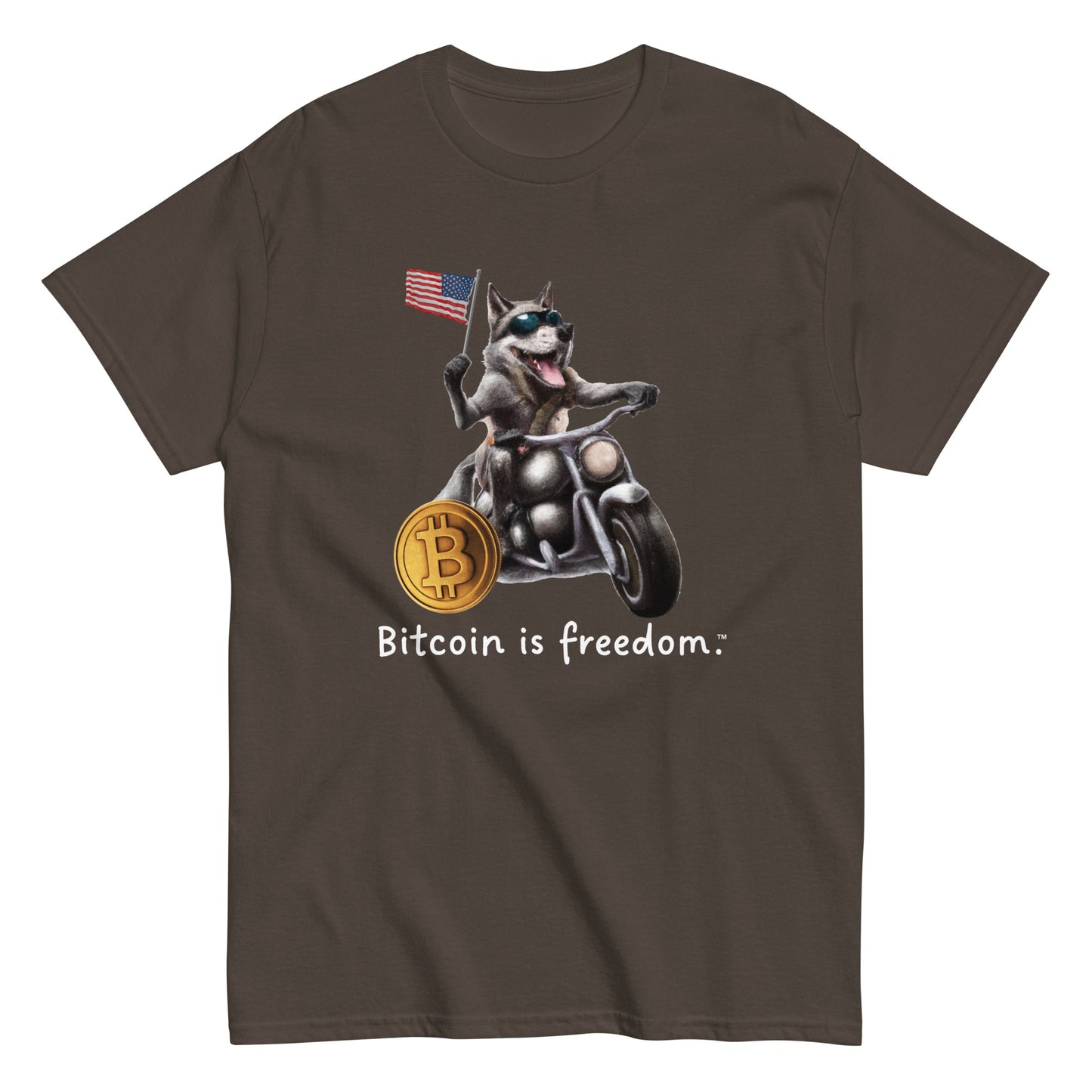 Men's dark chocolate brown color Bitcoin t-shirt with a Happy Patriotic Wolf graphic and the ‘Bitcoin is freedom’ slogan printed on the front side of the shirt.