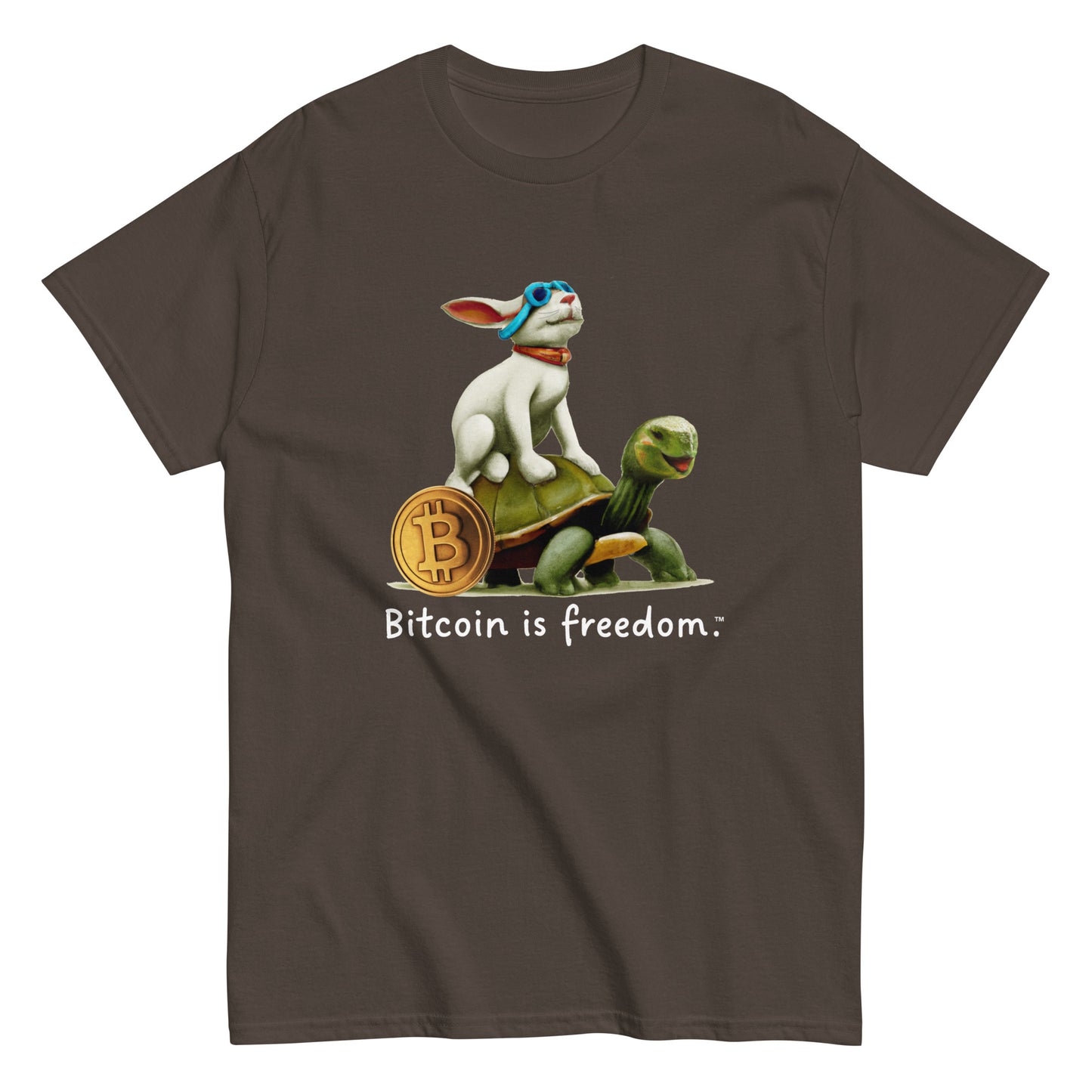 Men's dark chocolate brown color Bitcoin t-shirt with a Happy Rabbit graphic and the ‘Bitcoin is freedom’ slogan printed on the front side of the shirt.