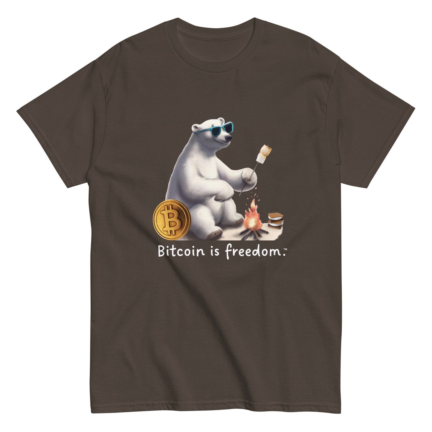 Men's dark chocolate color Bitcoin t-shirt with a Happy Polar Bear graphic and the ‘Bitcoin is freedom’ slogan printed on the front side of the shirt.