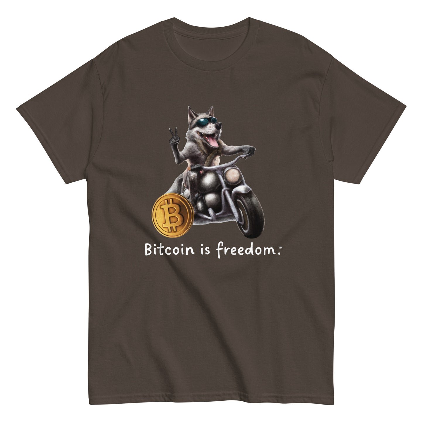 Men's dark chocolate brown color Bitcoin t-shirt with a Happy Wolf graphic and the ‘Bitcoin is freedom’ slogan printed on the front side of the shirt.