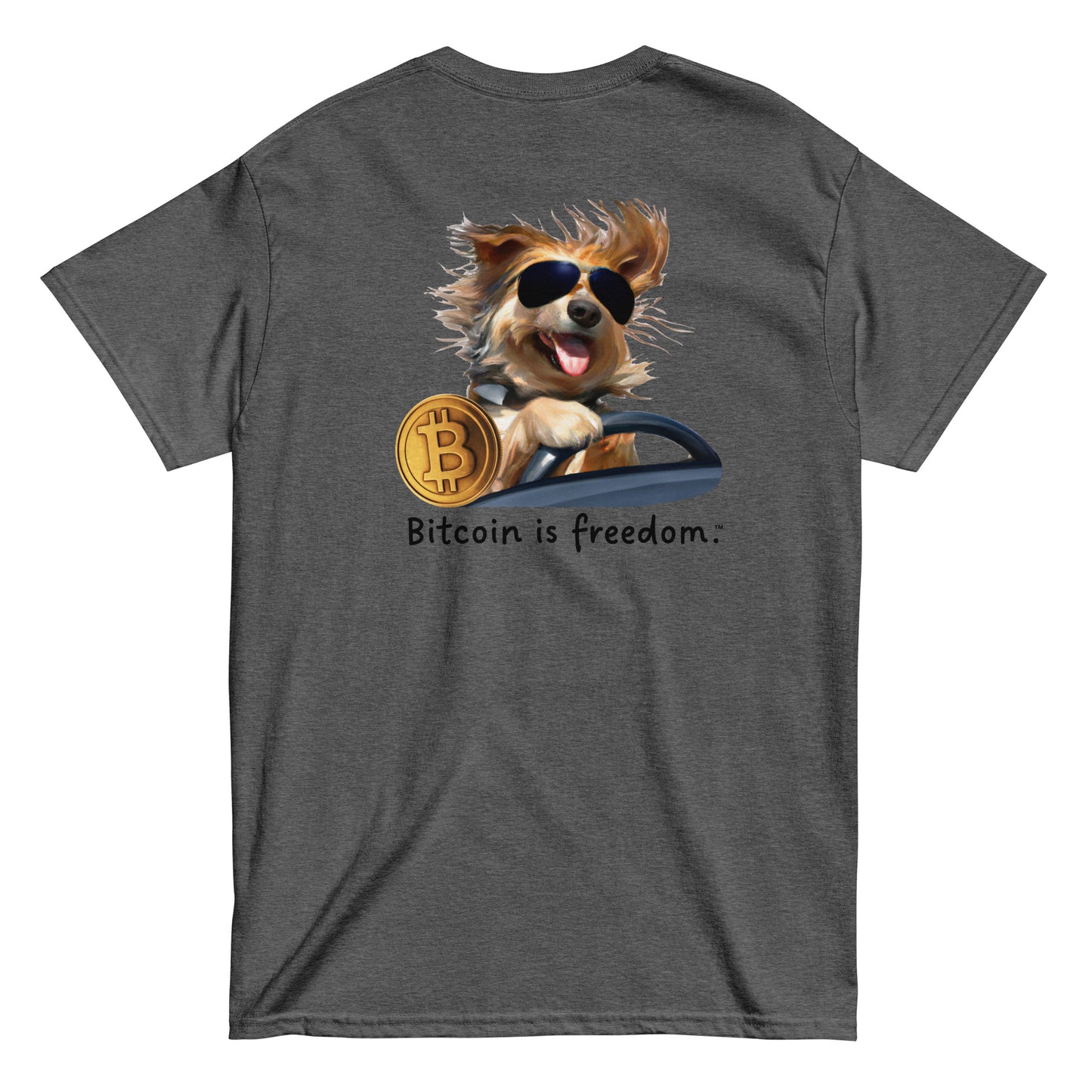Men's dark heather grey color Bitcoin t-shirt with a Happy Dog Driving graphic and the ‘Bitcoin is freedom’ slogan printed on the back side of the shirt.