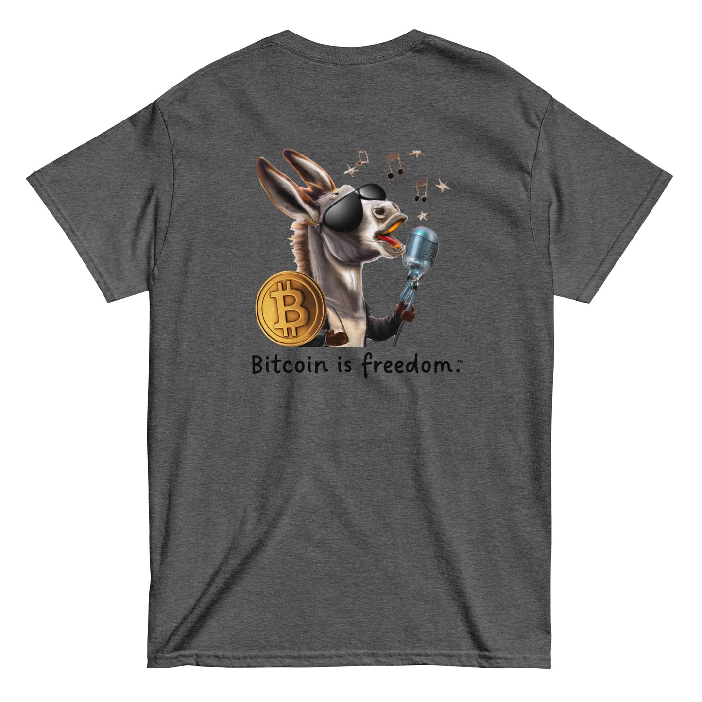 Men's dark heather grey color Bitcoin t-shirt with a Happy Donkey graphic and the ‘Bitcoin is freedom’ slogan printed on the back side of the shirt.