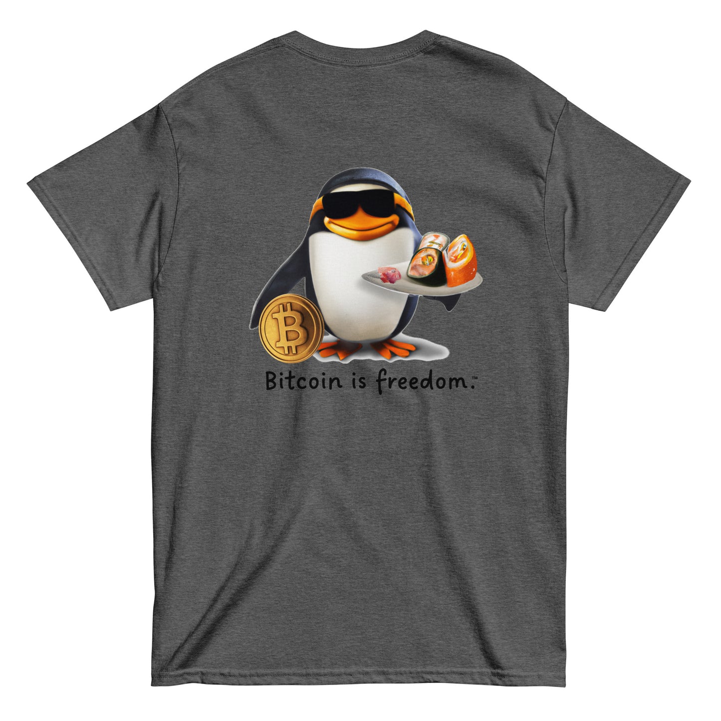 Men's dark heather grey color Bitcoin t-shirt with a Happy Penguin graphic and the ‘Bitcoin is freedom’ slogan printed on the back side of the shirt.