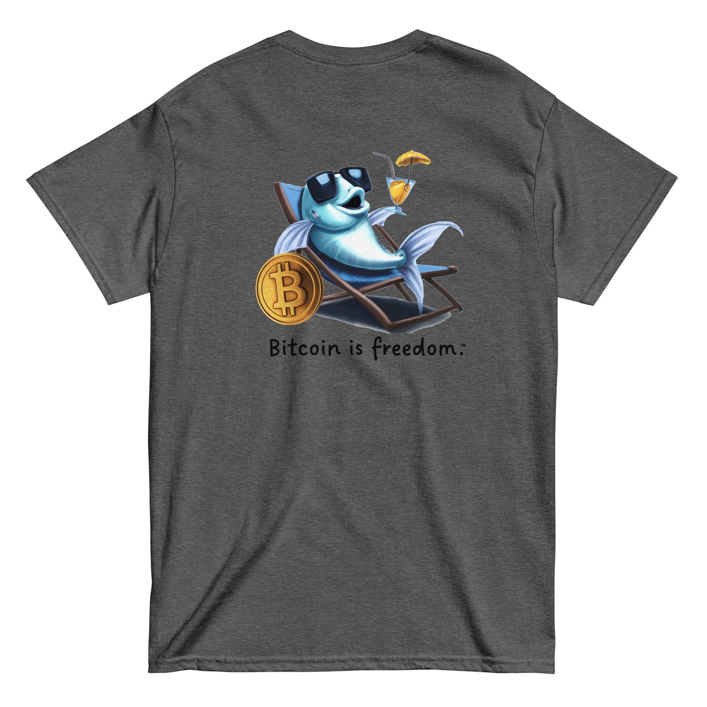 Men's dark heather grey color Bitcoin t-shirt with a Happy Fish graphic and the ‘Bitcoin is freedom’ slogan printed on the back side of the shirt.