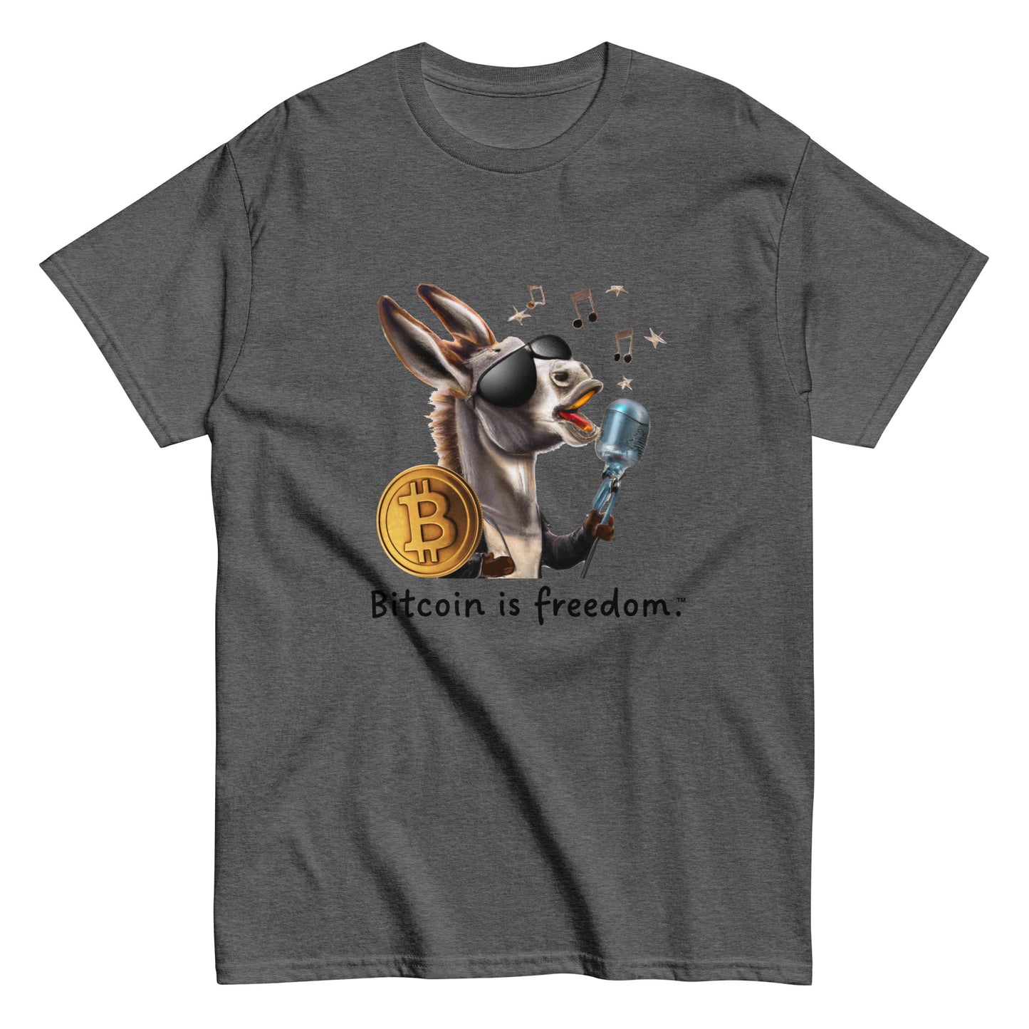 Men's dark heather grey color Bitcoin t-shirt with a Happy Donkey graphic and the ‘Bitcoin is freedom’ slogan printed on the front side of the shirt.