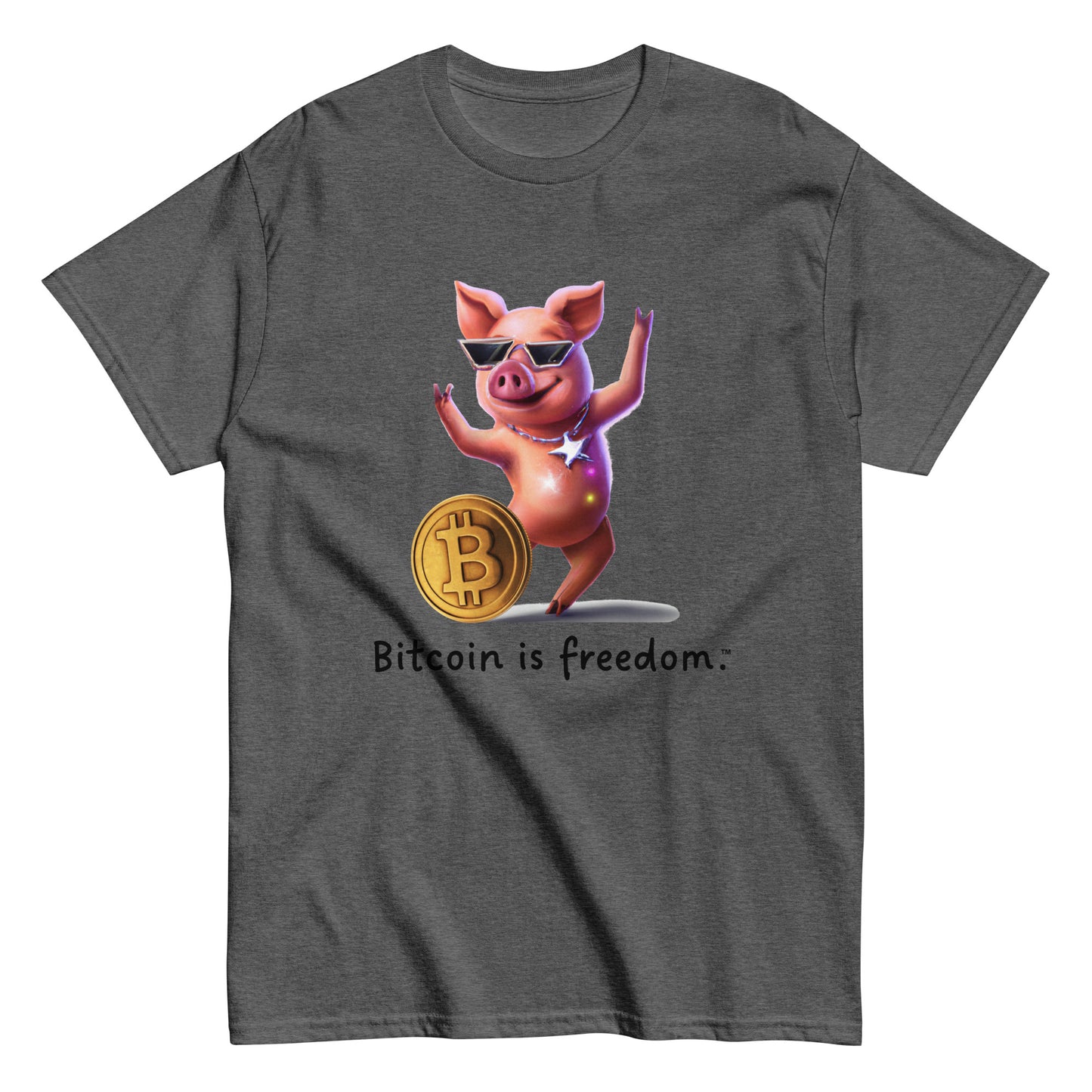 Men's dark heather grey color Bitcoin t-shirt with a Happy Pig graphic and the ‘Bitcoin is freedom’ slogan printed on the front side of the shirt.