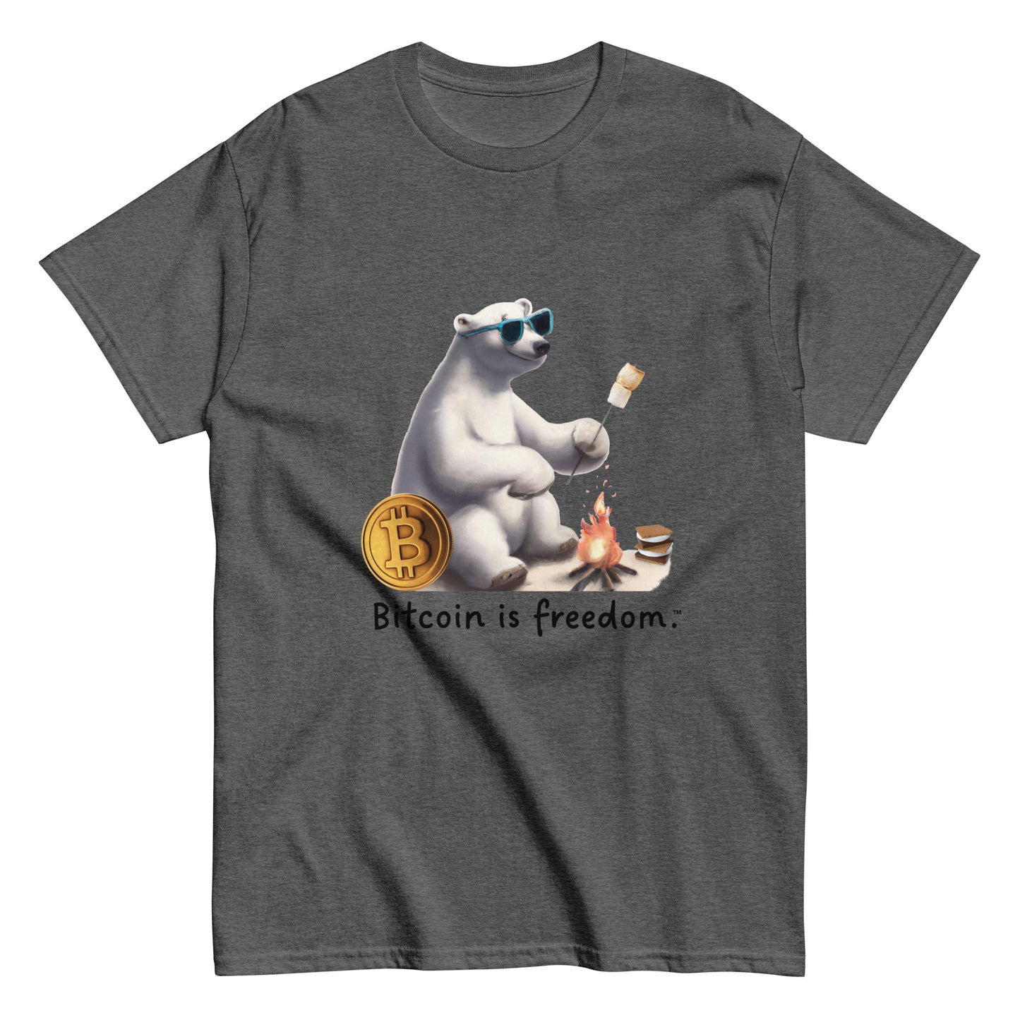 Men's dark heather grey color Bitcoin t-shirt with a Happy Polar Bear graphic and the ‘Bitcoin is freedom’ slogan printed on the front side of the shirt.