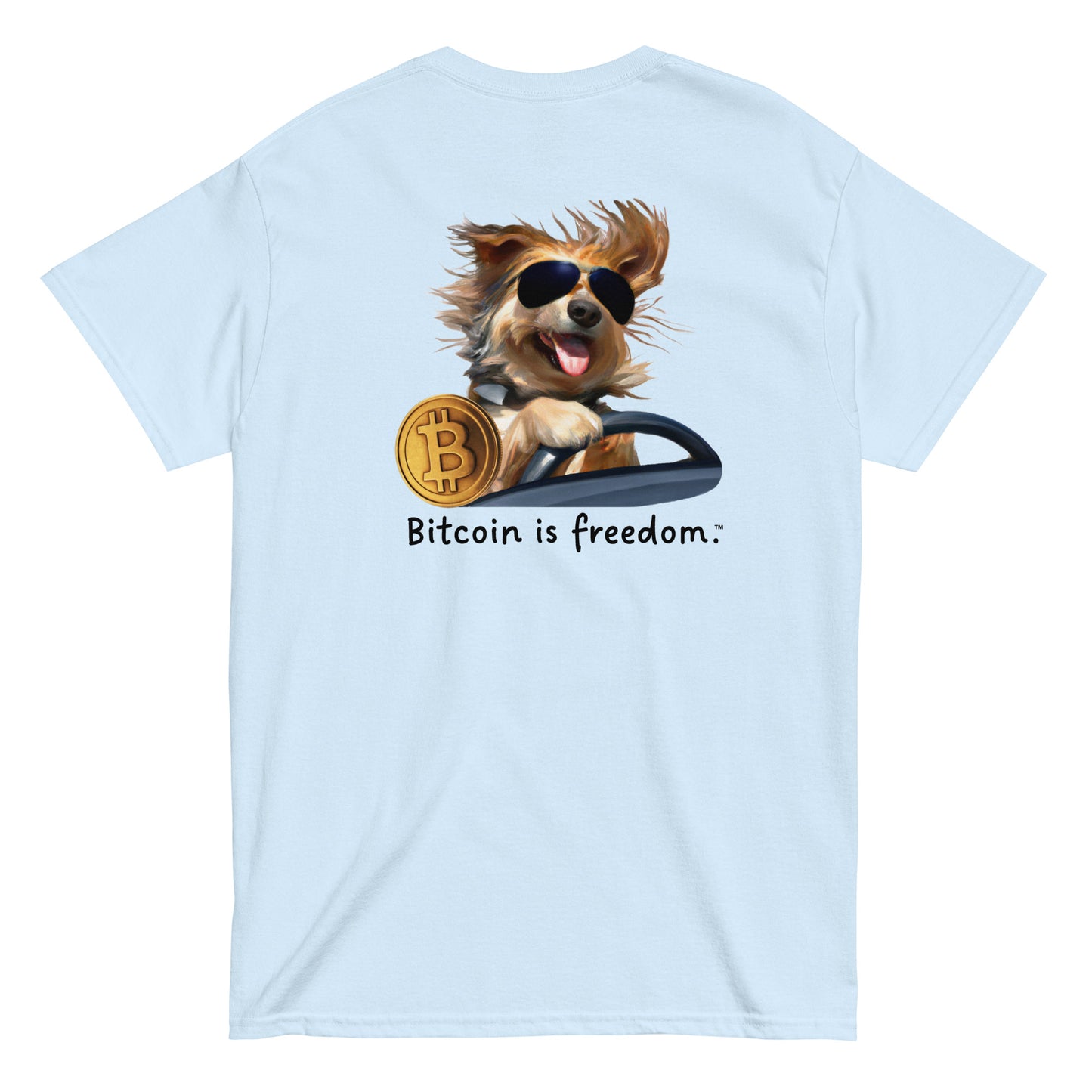 Men's light blue color Bitcoin t-shirt with a Happy Dog Driving graphic and the ‘Bitcoin is freedom’ slogan printed on the back side of the shirt.