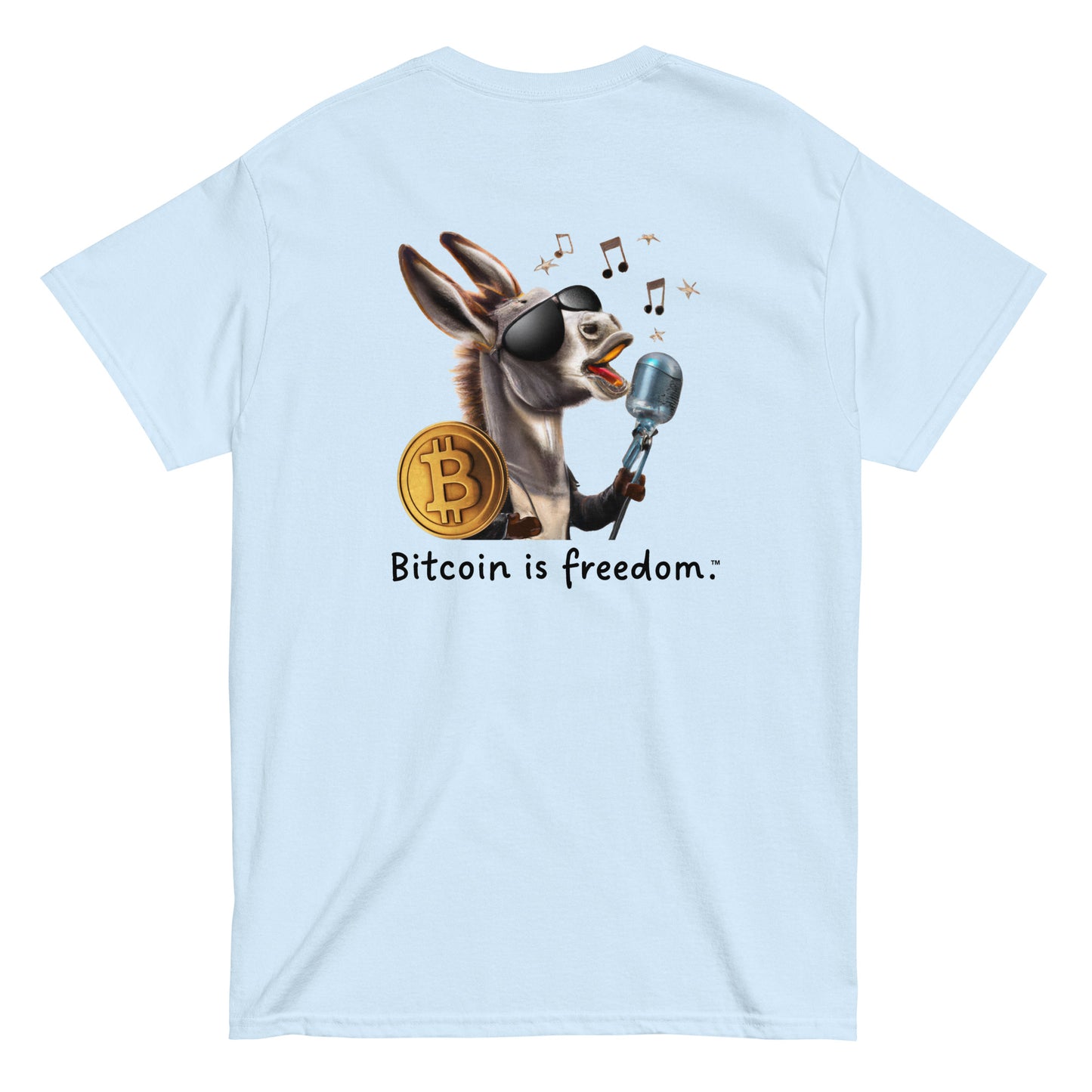 Men's light blue color Bitcoin t-shirt with a Happy Donkey graphic and the ‘Bitcoin is freedom’ slogan printed on the back side of the shirt.