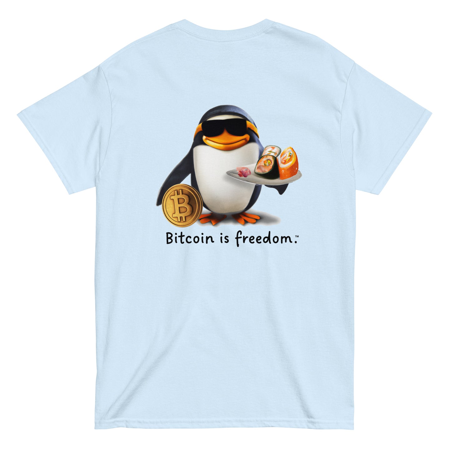 Men's light blue color Bitcoin t-shirt with a Happy Penguin graphic and the ‘Bitcoin is freedom’ slogan printed on the back side of the shirt.