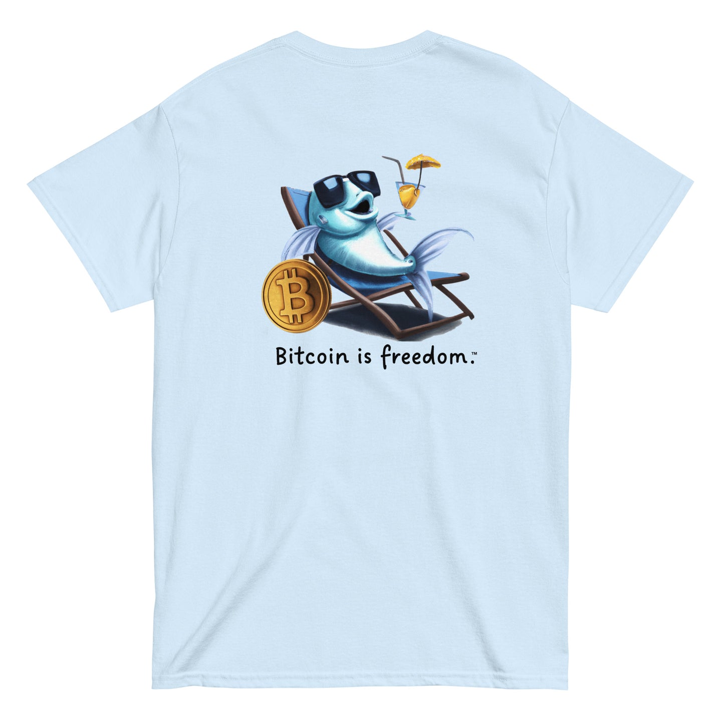 Men's light blue color Bitcoin t-shirt with a Happy Fish graphic and the ‘Bitcoin is freedom’ slogan printed on the back side of the shirt.