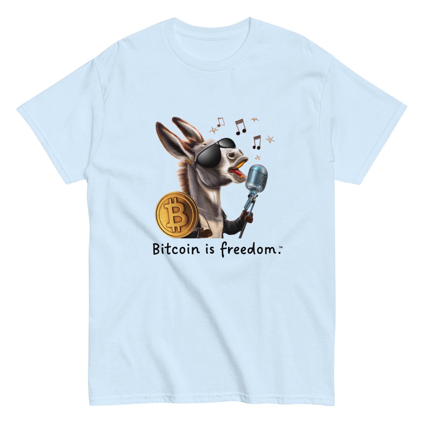Men's light blue color Bitcoin t-shirt with a Happy Donkey graphic and the ‘Bitcoin is freedom’ slogan printed on the front side of the shirt.