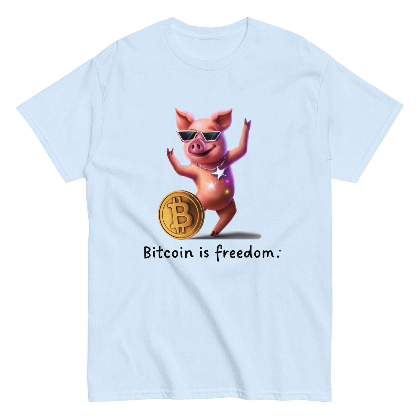 Men's light blue color Bitcoin t-shirt with a Happy Pig graphic and the ‘Bitcoin is freedom’ slogan printed on the front side of the shirt.