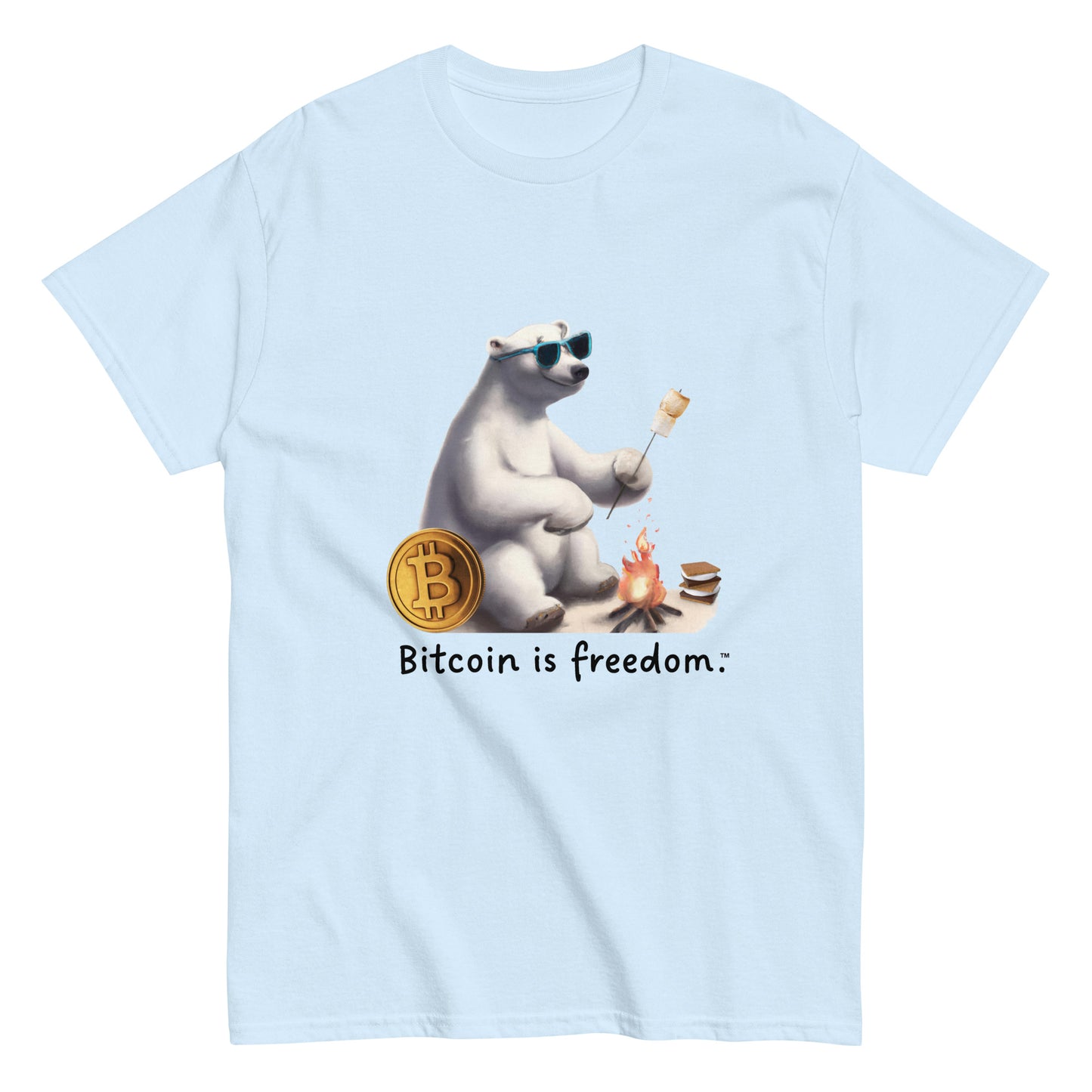 Men's light blue color Bitcoin t-shirt with a Happy Polar Bear graphic and the ‘Bitcoin is freedom’ slogan printed on the front side of the shirt.