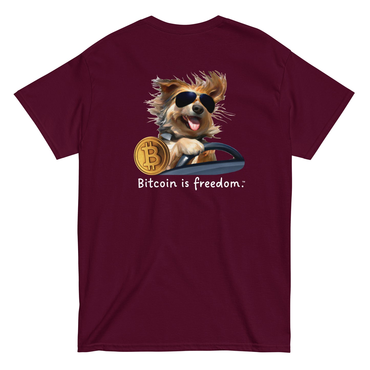 Men's maroon color Bitcoin t-shirt with a Happy Dog Driving graphic and the ‘Bitcoin is freedom’ slogan printed on the back side of the shirt.