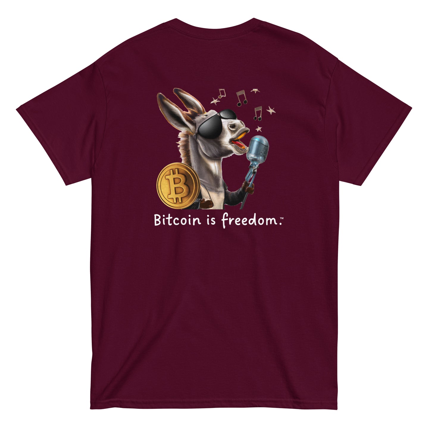 Men's maroon color Bitcoin t-shirt with a Happy Donkey graphic and the ‘Bitcoin is freedom’ slogan printed on the back side of the shirt.
