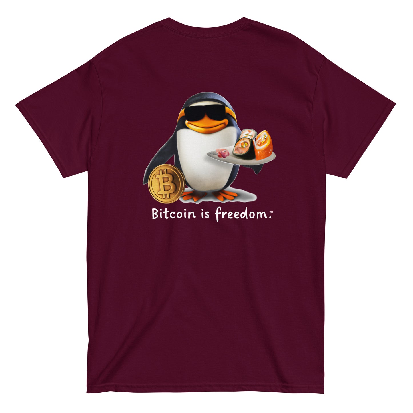 Men's maroon color Bitcoin t-shirt with a Happy Penguin graphic and the ‘Bitcoin is freedom’ slogan printed on the back side of the shirt.