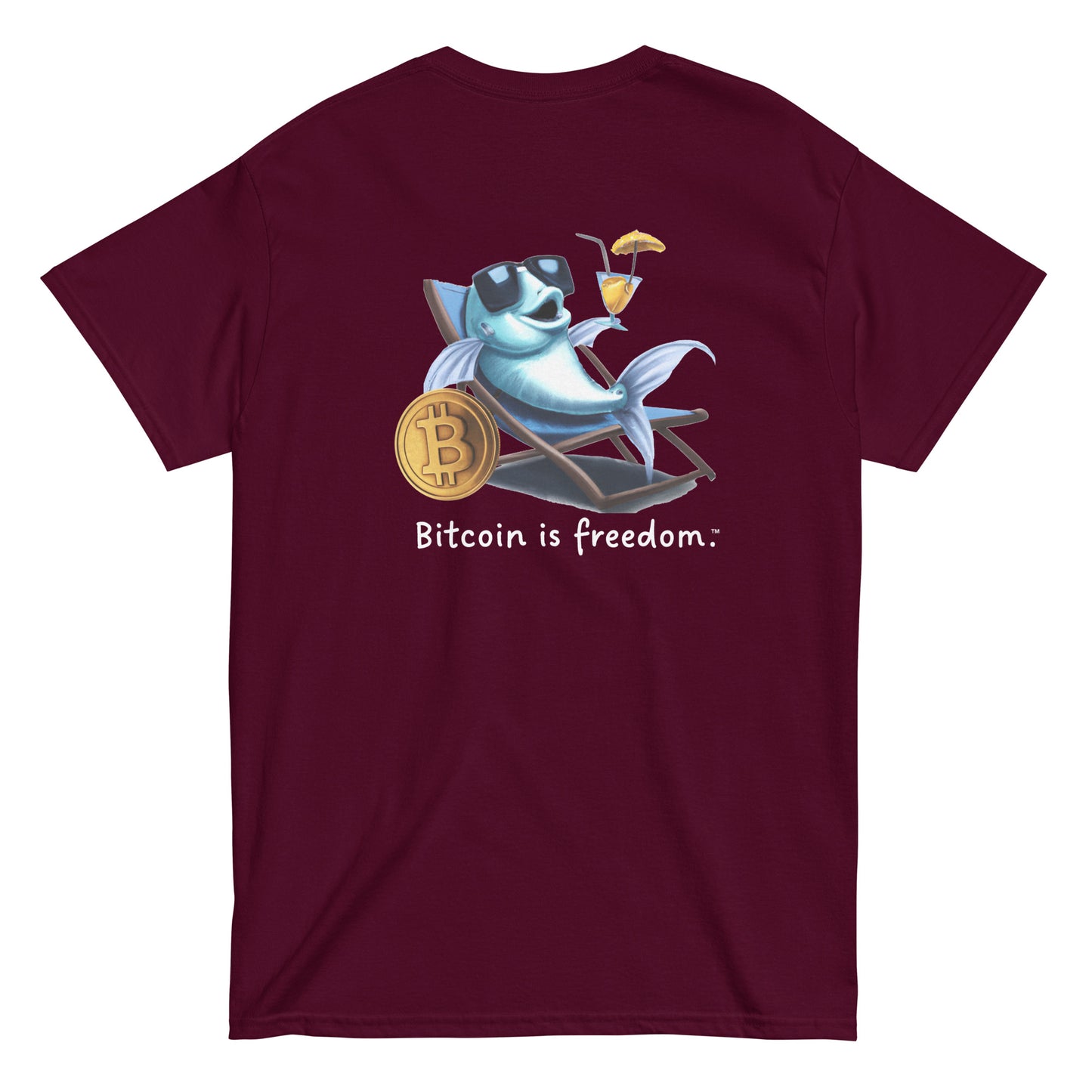 Men's maroon color Bitcoin t-shirt with a Happy Fish graphic and the ‘Bitcoin is freedom’ slogan printed on the back side of the shirt.