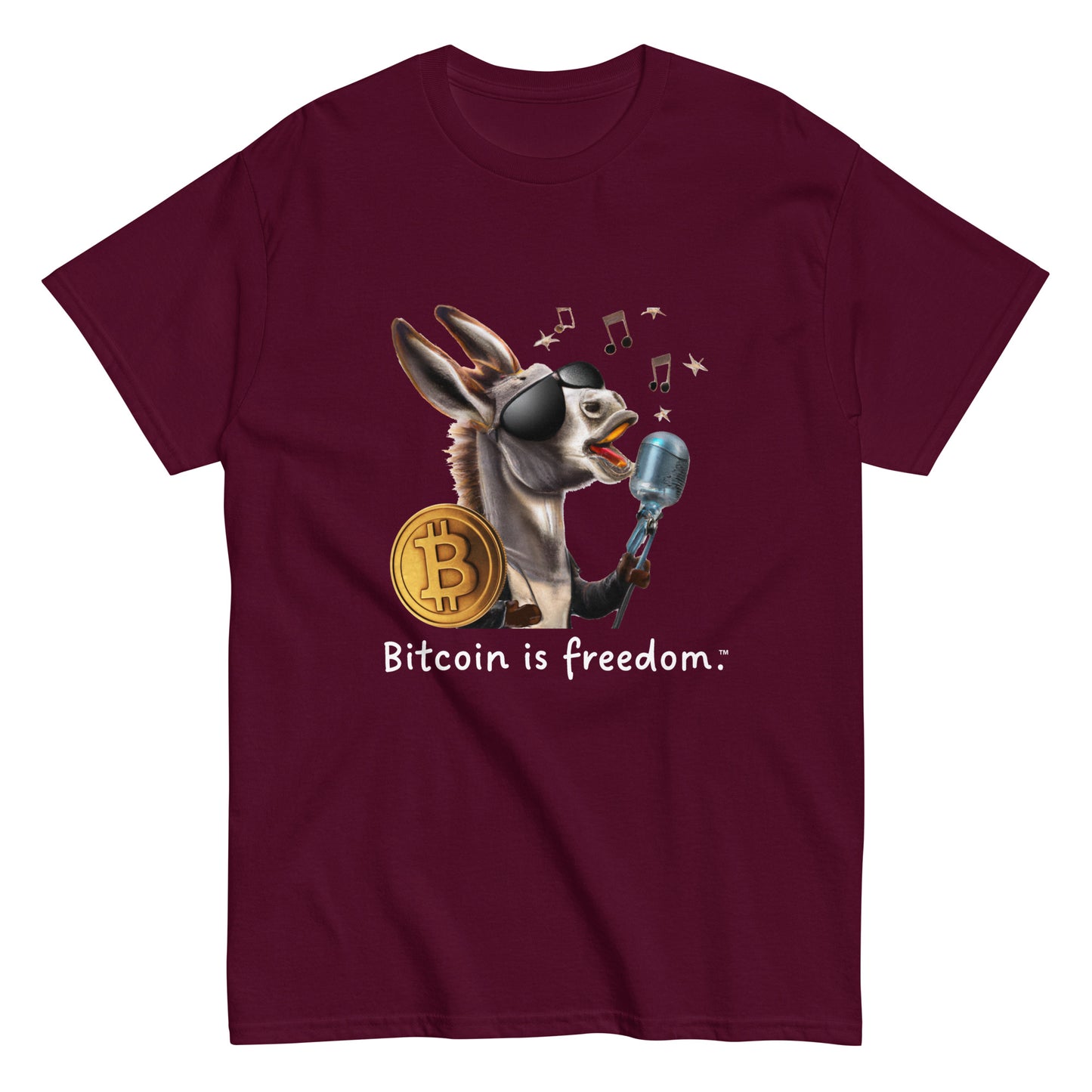 Men's maroon color Bitcoin t-shirt with a Happy Donkey graphic and the ‘Bitcoin is freedom’ slogan printed on the front side of the shirt.
