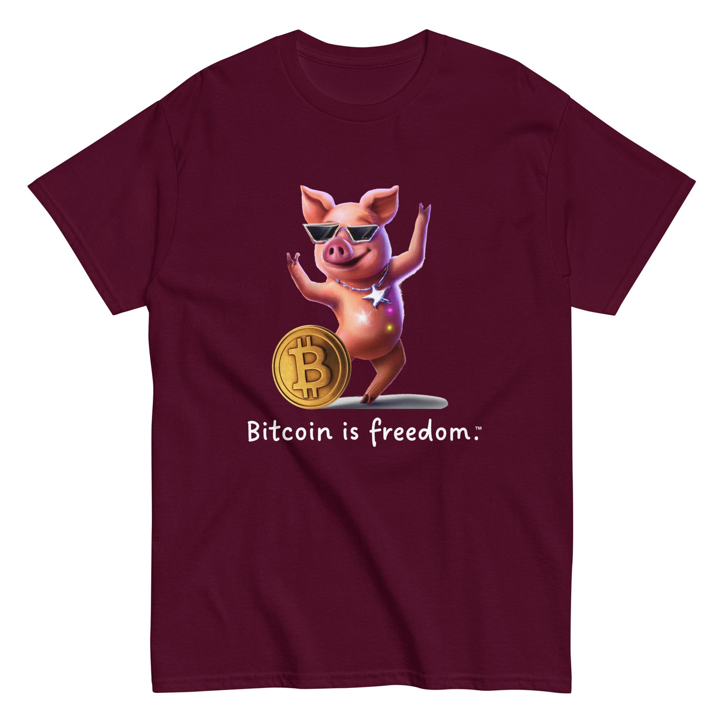 Men's maroon color Bitcoin t-shirt with a Happy Pig graphic and the ‘Bitcoin is freedom’ slogan printed on the front side of the shirt.