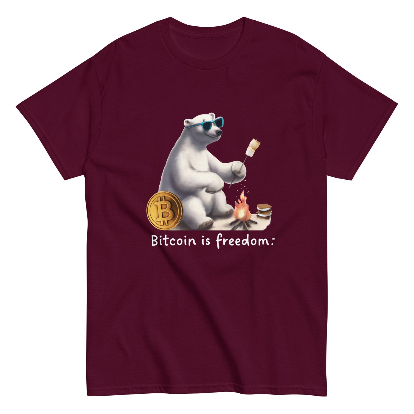 Men's maroon color Bitcoin t-shirt with a Happy Polar Bear graphic and the ‘Bitcoin is freedom’ slogan printed on the front side of the shirt.