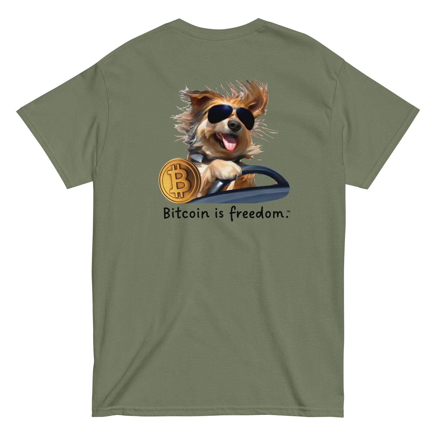 Men's military green color Bitcoin t-shirt with a Happy Dog Driving graphic and the ‘Bitcoin is freedom’ slogan printed on the back side of the shirt.
