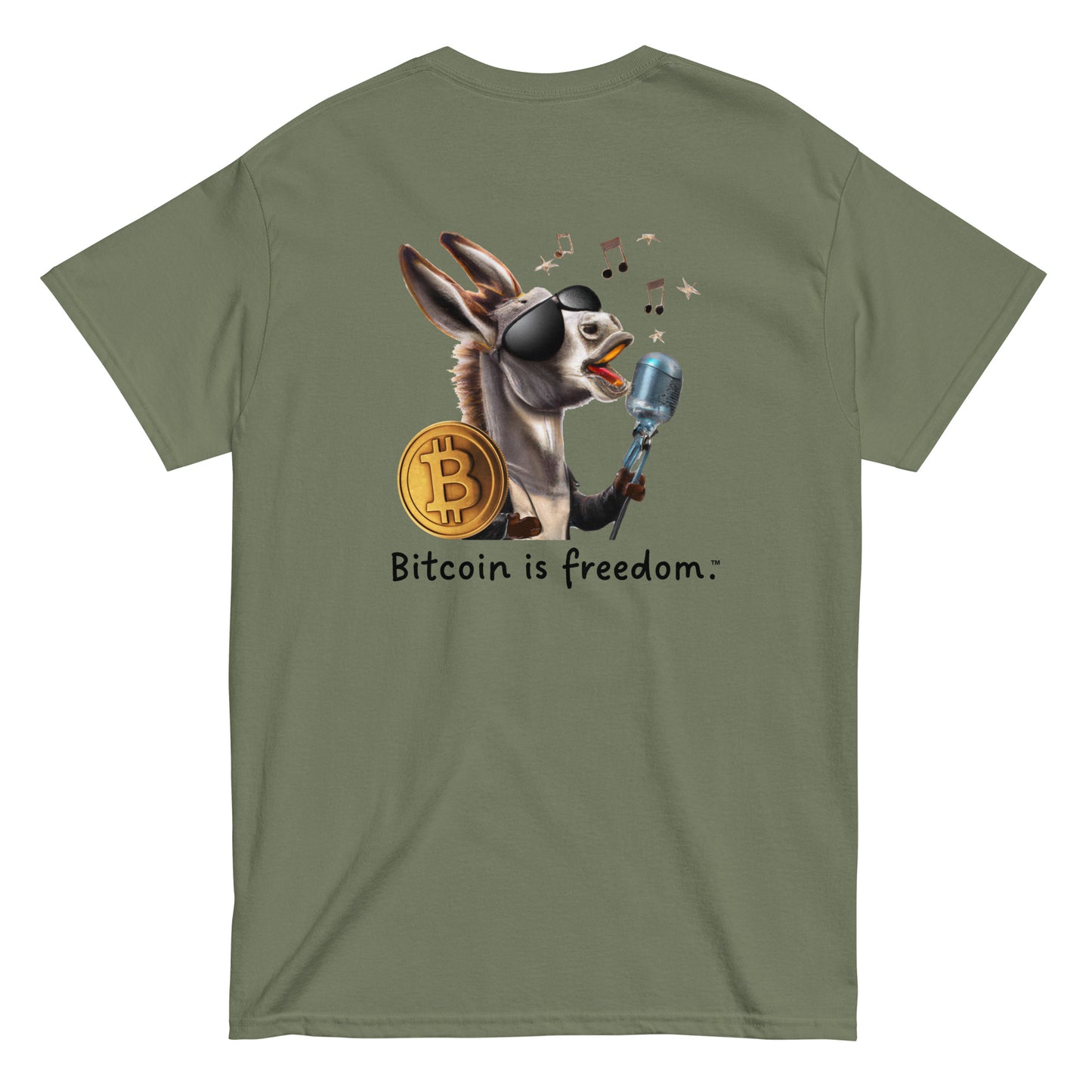 Men's military green color Bitcoin t-shirt with a Happy Donkey graphic and the ‘Bitcoin is freedom’ slogan printed on the back side of the shirt.