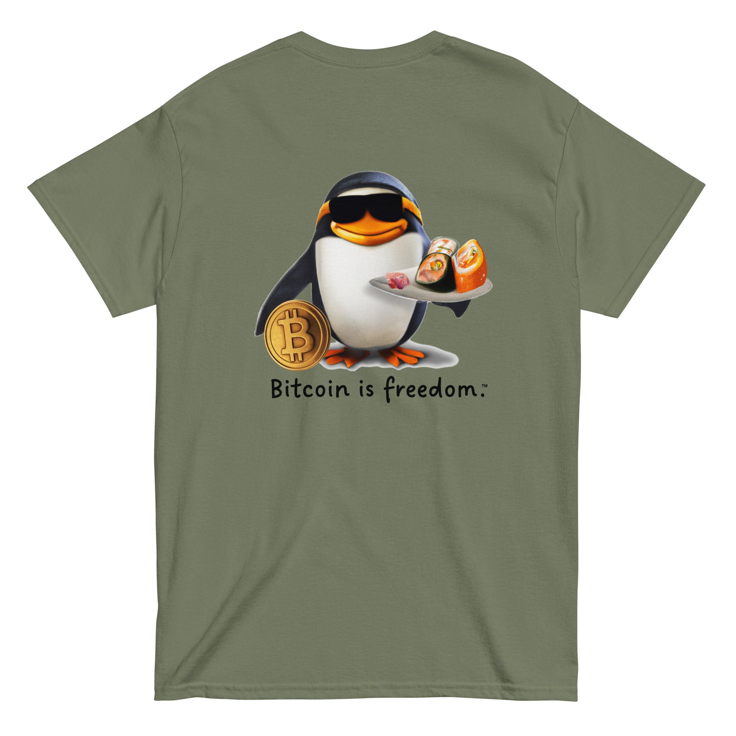 Men's military green color Bitcoin t-shirt with a Happy Penguin graphic and the ‘Bitcoin is freedom’ slogan printed on the back side of the shirt.