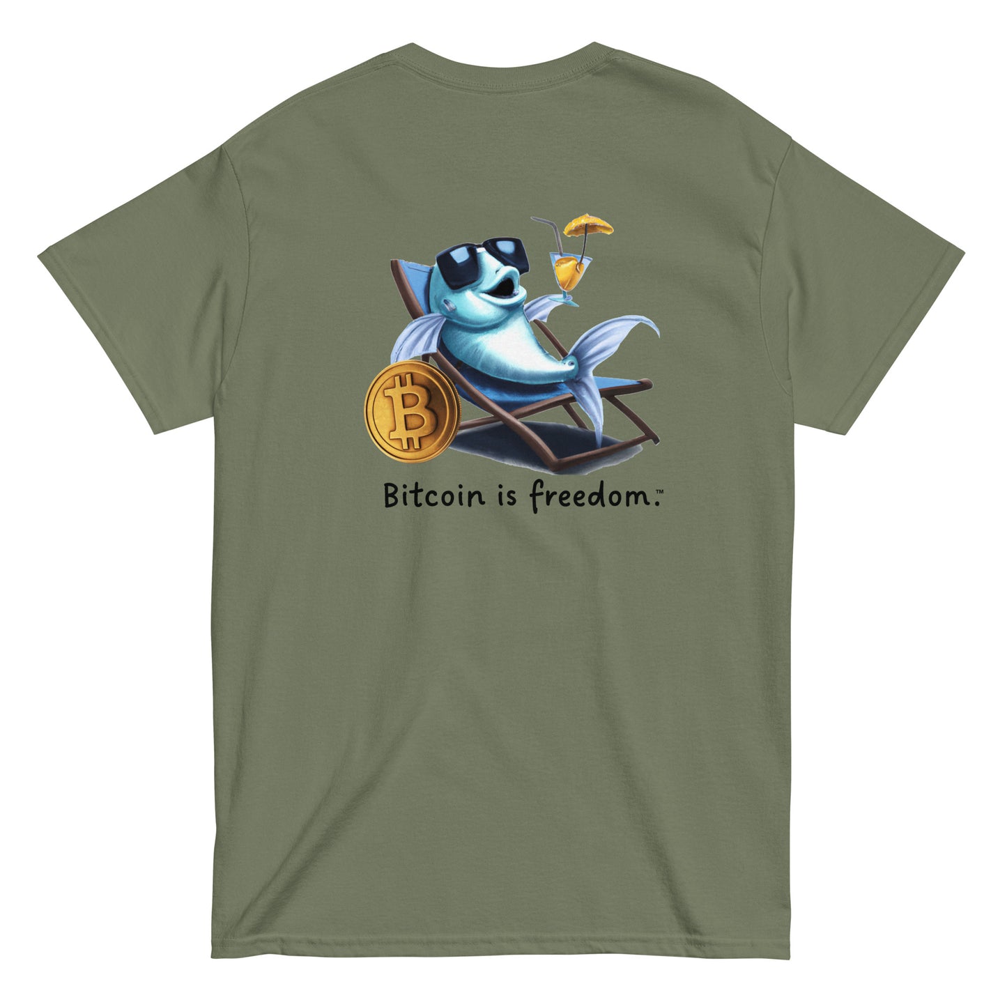 Men's military green color Bitcoin t-shirt with a Happy Fish graphic and the ‘Bitcoin is freedom’ slogan printed on the back side of the shirt.