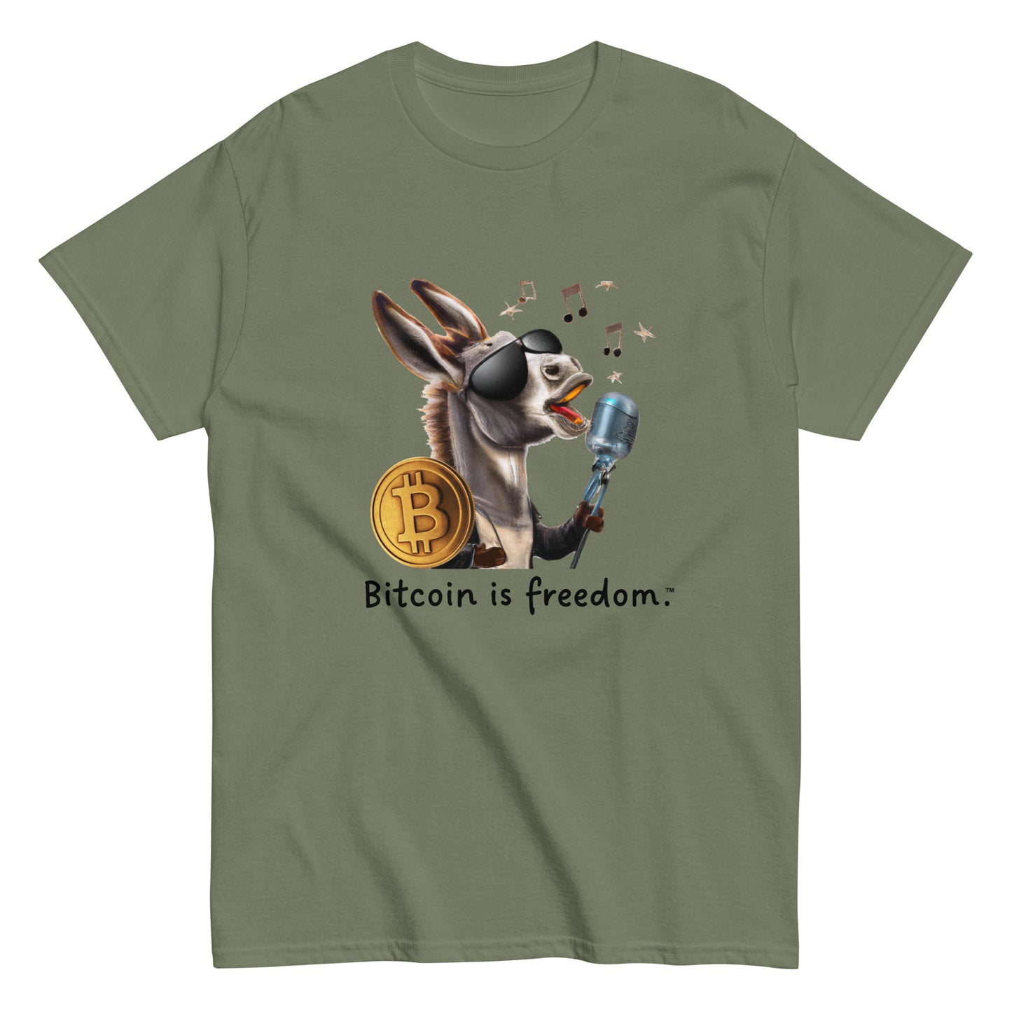 Men's military green color Bitcoin t-shirt with a Happy Donkey graphic and the ‘Bitcoin is freedom’ slogan printed on the front side of the shirt.