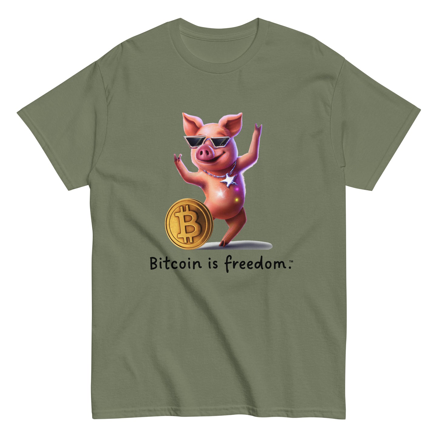 Men's military green color Bitcoin t-shirt with a Happy Pig graphic and the ‘Bitcoin is freedom’ slogan printed on the front side of the shirt.