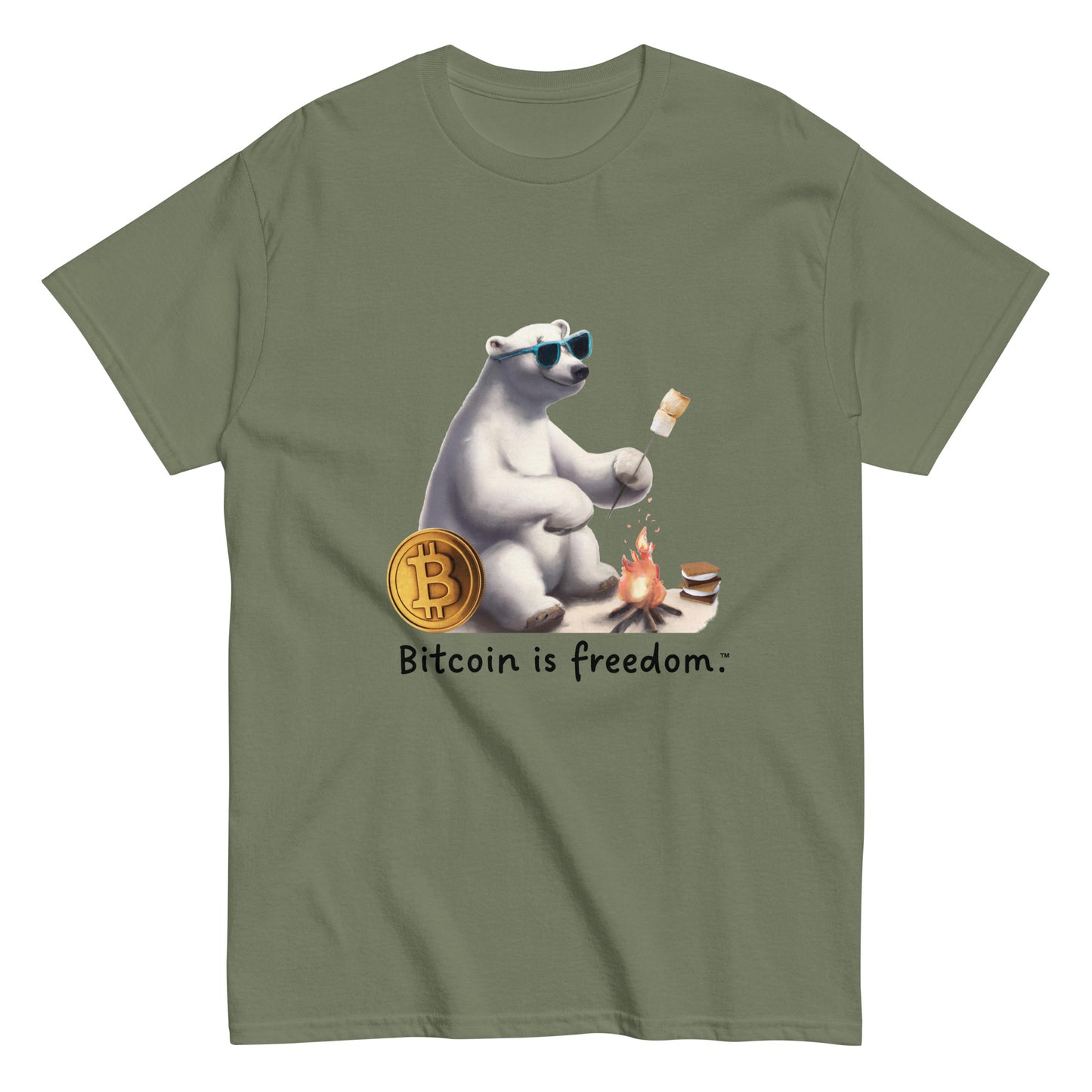 Men's military green color Bitcoin t-shirt with a Happy Polar Bear graphic and the ‘Bitcoin is freedom’ slogan printed on the front side of the shirt.